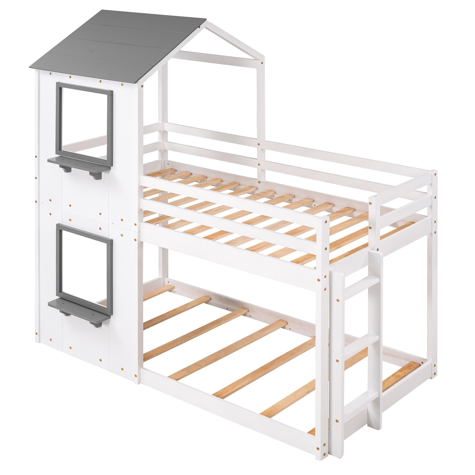 Twin Over Twin Bunk Bed Wood Bed with Roof;  Window;  Guardrail;  Ladder