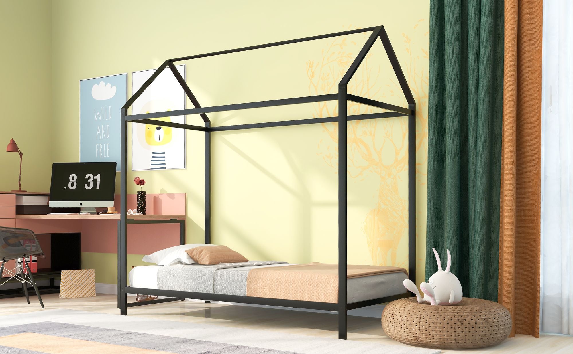 House Bed Frame Twin Size ;  Kids Bed Frame Metal Platform Bed Floor Bed for Kids Boys Girls No Box Spring Needed