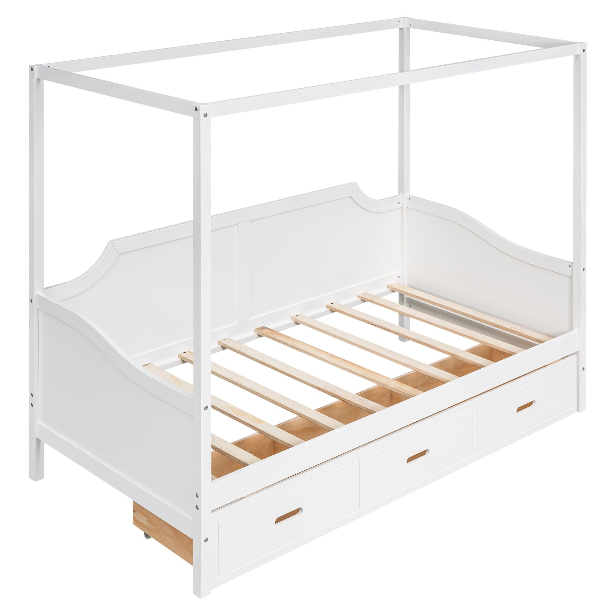 Twin Size Wooden Canopy Daybed with 3 in 1 Storage Drawers