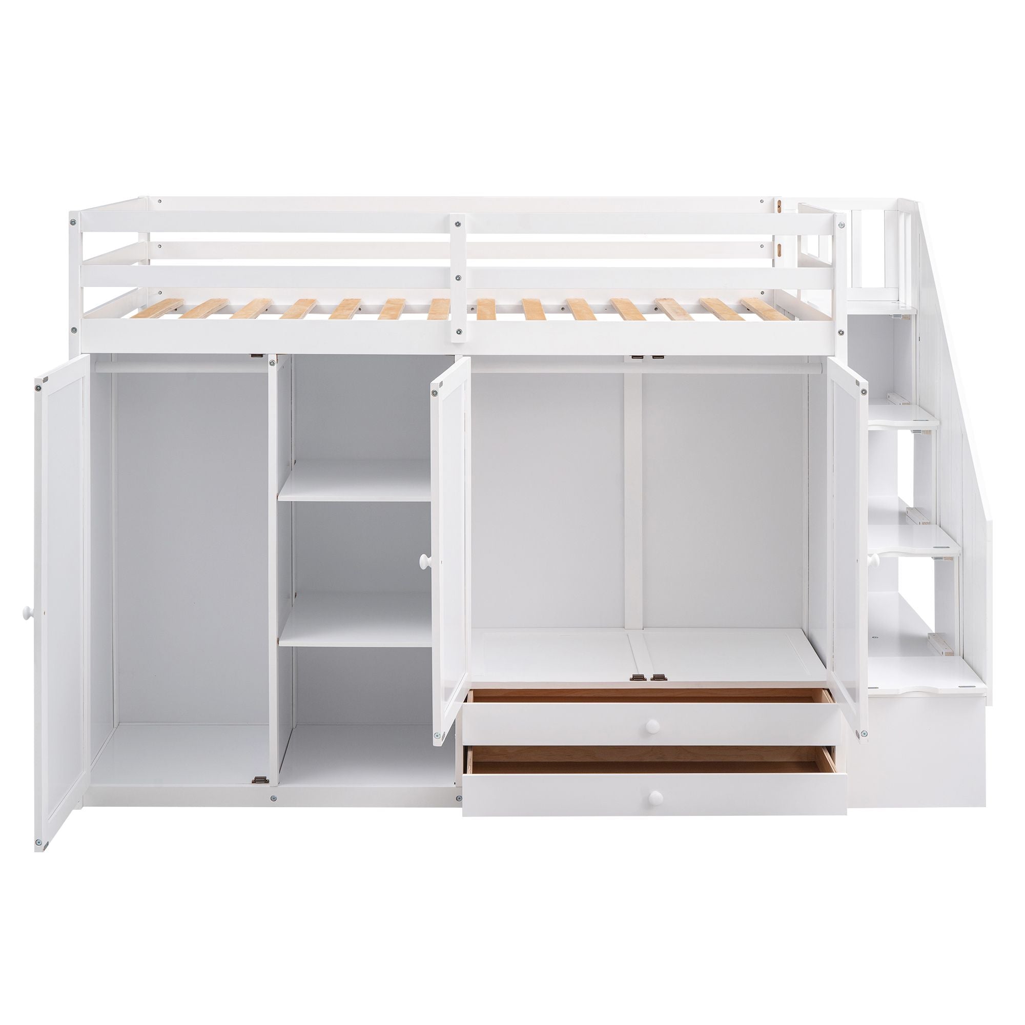 Functional Loft Bed with 3 Shelves;  2 Wardrobes and 2 Drawers;  Ladder with Storage;  No Box Spring Needed