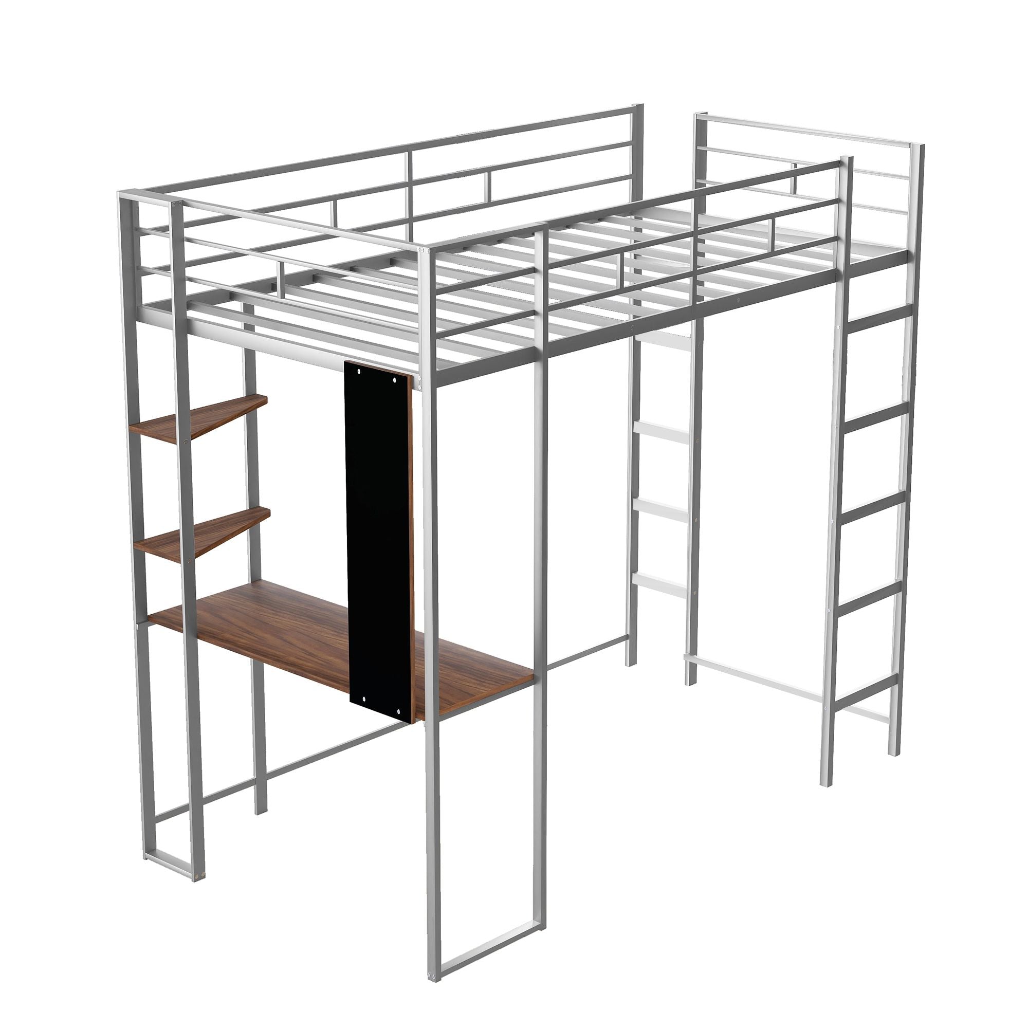 Twin Metal Loft Bed with 2 Shelves and one Desk