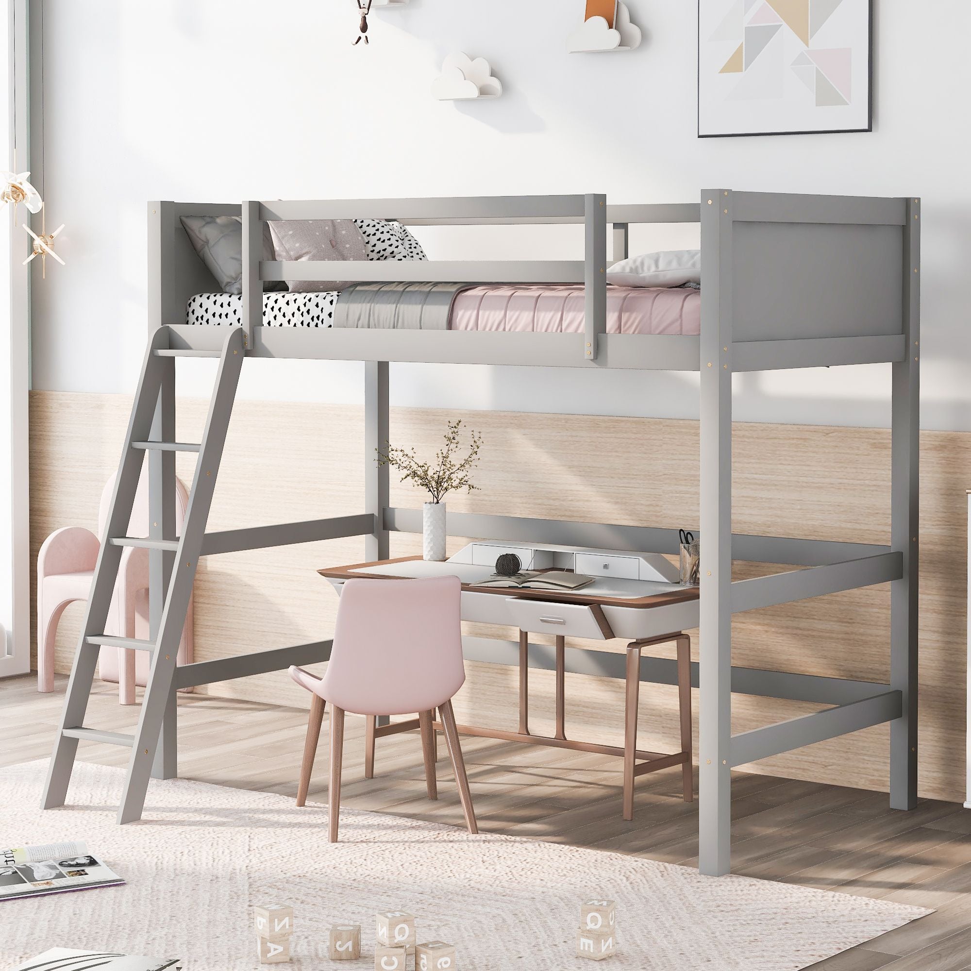 Solid Wood Twin Size Loft Bed with Ladde