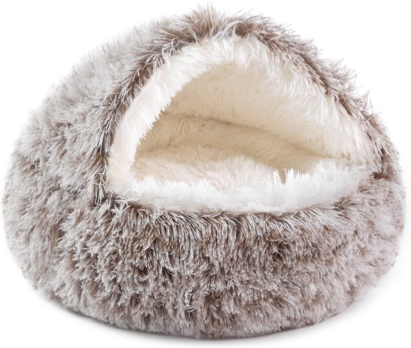 Round Cat Bed - Soft Plush Burrowing Cave & Hooded Donut Bed for Dogs & Cats | Faux Fur Cuddler, Comfortable Self-Warming Pet Bed, Machine Washable