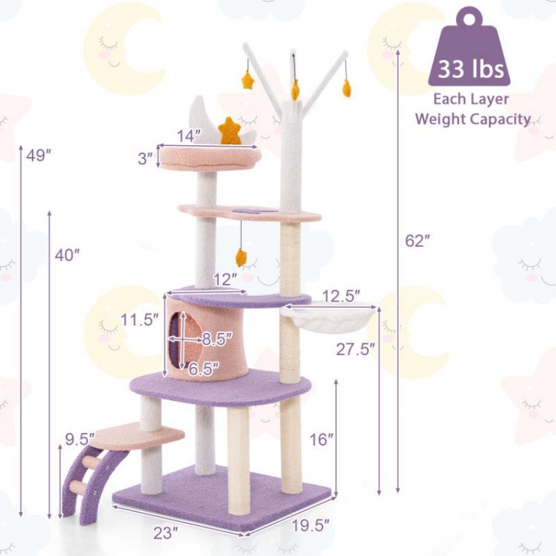 Whimsical Multi-Level Cat Tower with Sisal Scratching Posts, Hammock, and Star Decor – Perfect for Multiple Cats