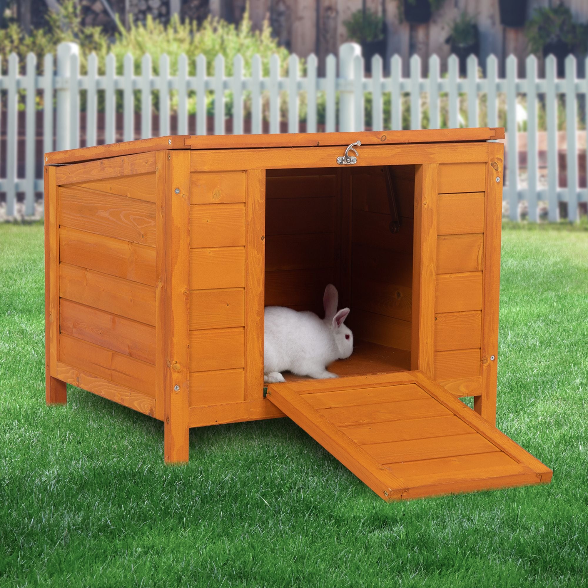 Small Wood Rabbit Hutch Bunny Cage, Raised Cat House with Ladder for Small Animals, Brown XH