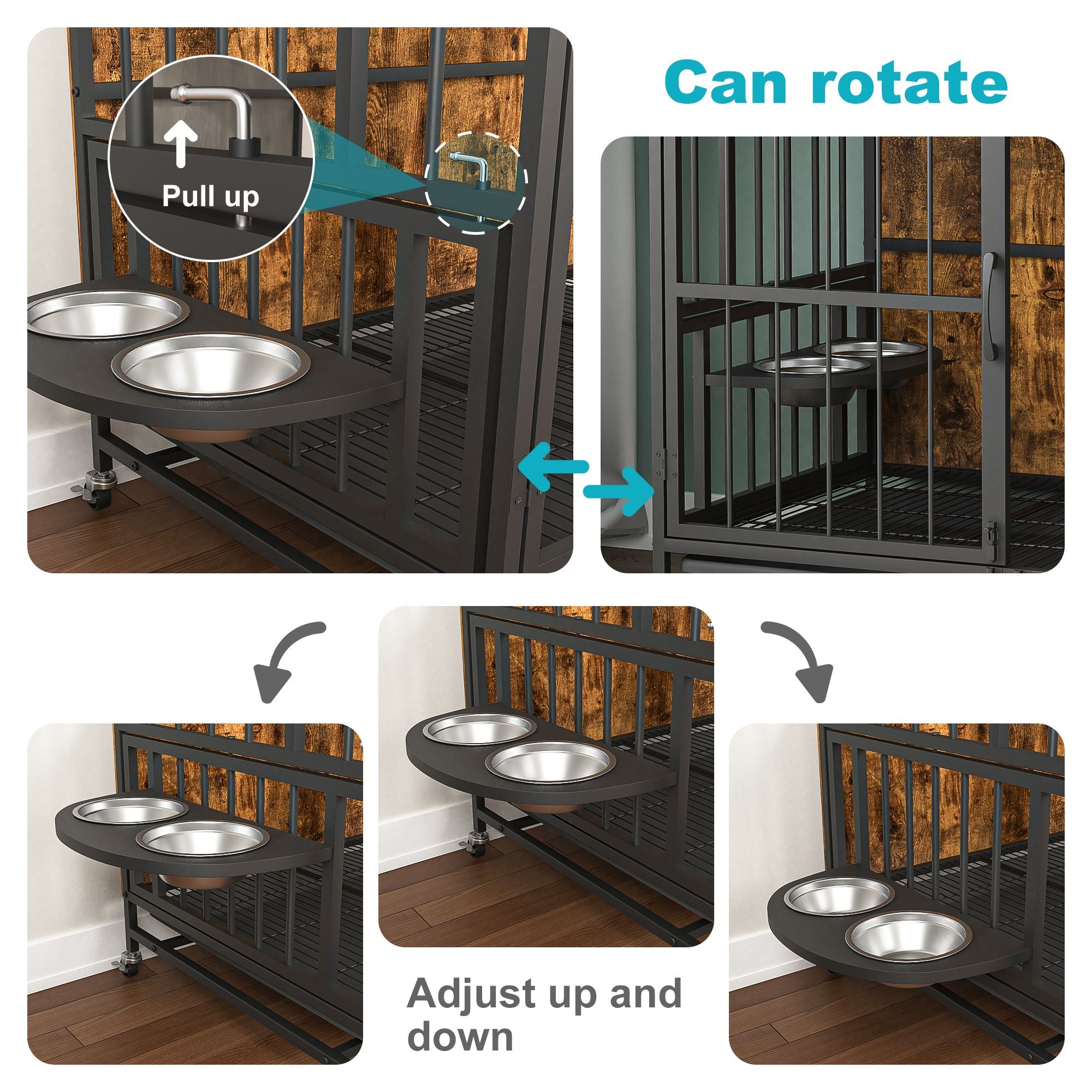 Modern Kennel Dogs room up to 80 LB, Dog crate furniture with Multi-Purpose Rremovable Ttray, Double-Door Dog House, lift Panel, 360 Degree Rotation -3 Height Adjustable Feeding Bowls