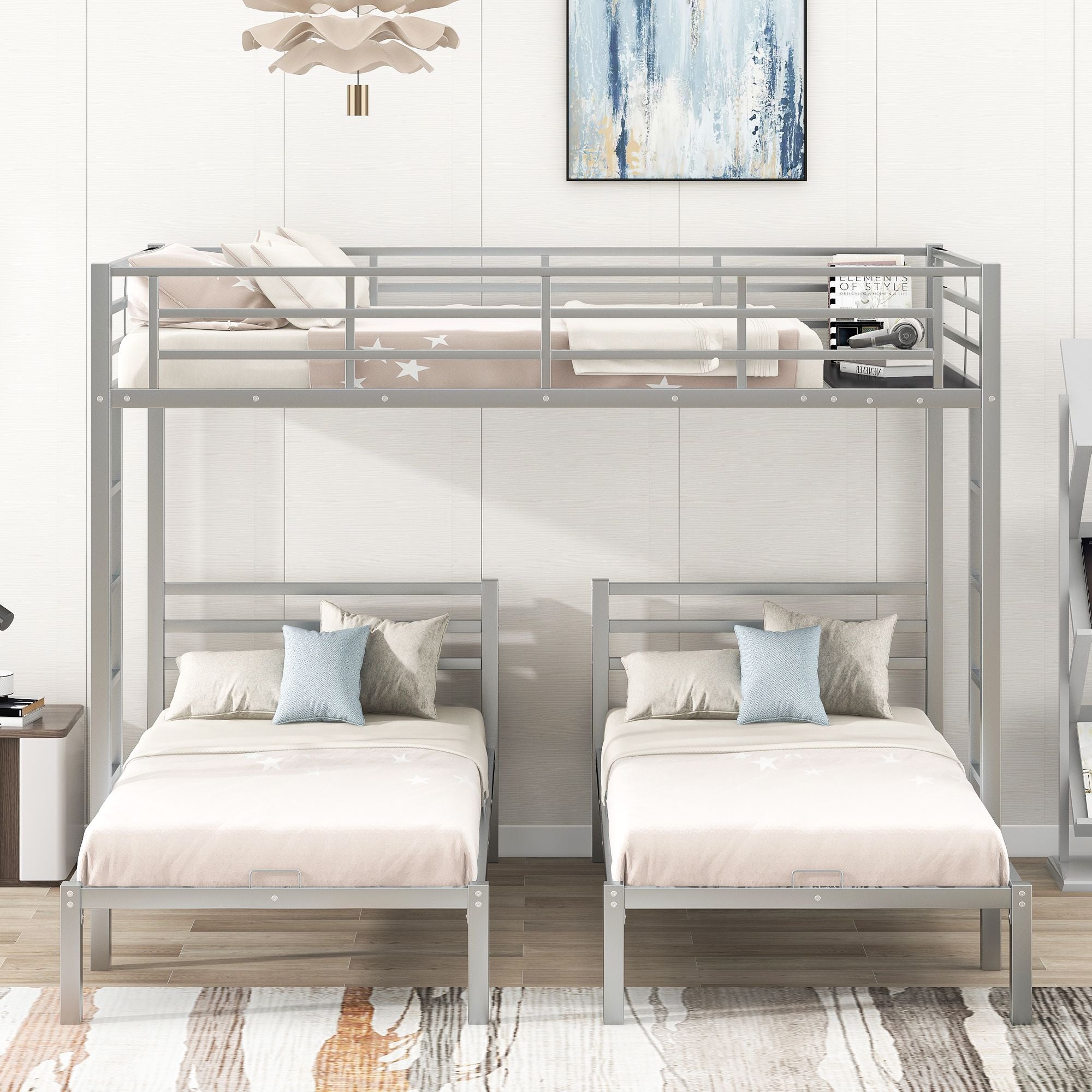 Full over Twin&Twin Size Bunk Metal Bed with Built-in Shelf