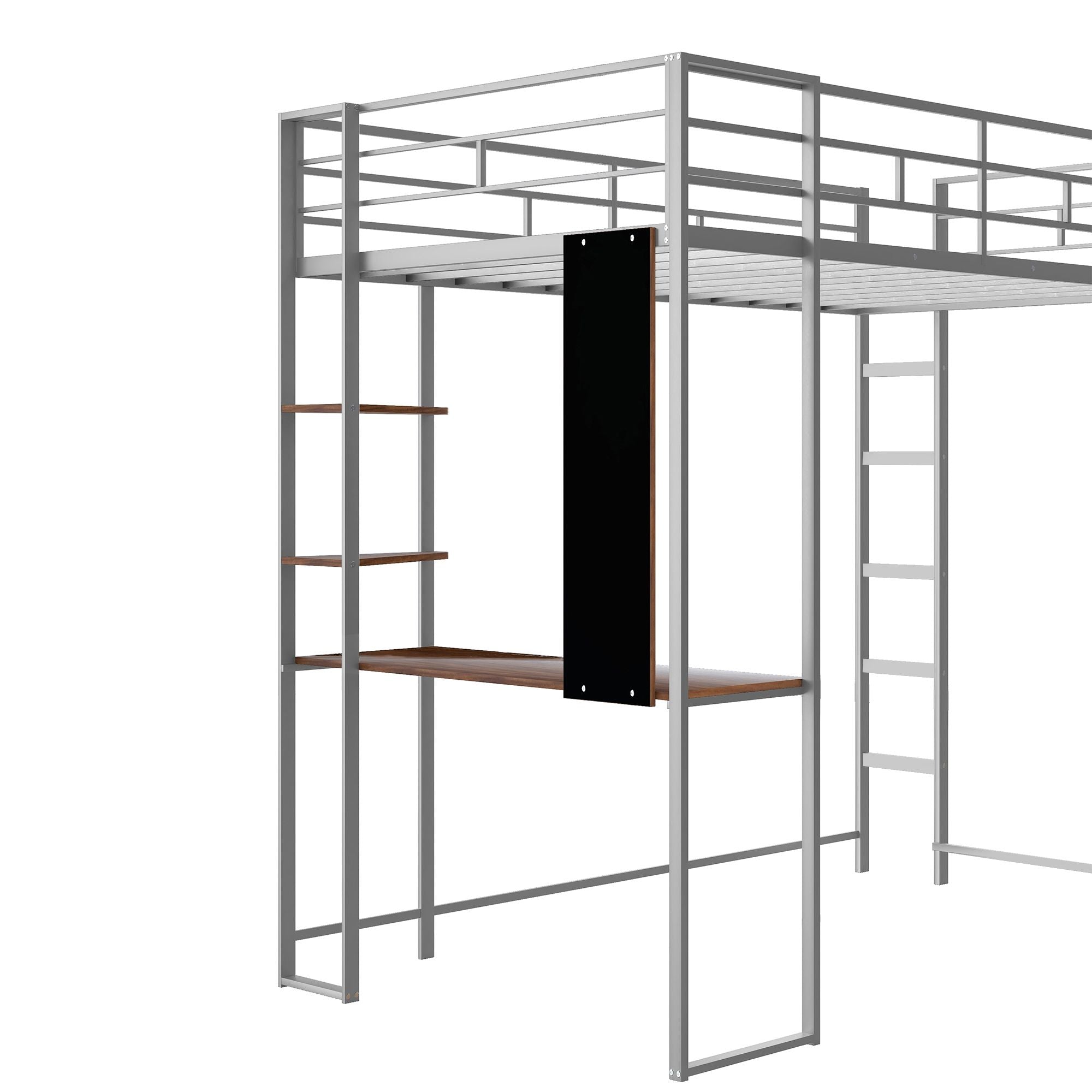 Twin Metal Loft Bed with 2 Shelves and one Desk