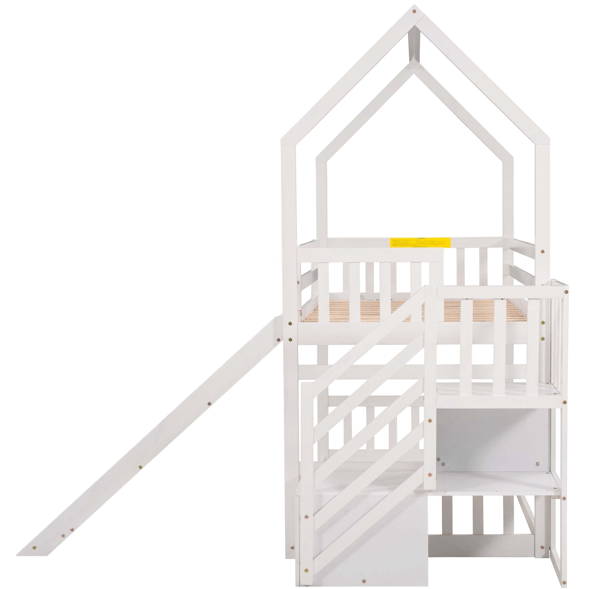 Twin over Twin House Bunk Bed with Convertible Slide; Storage Staircase