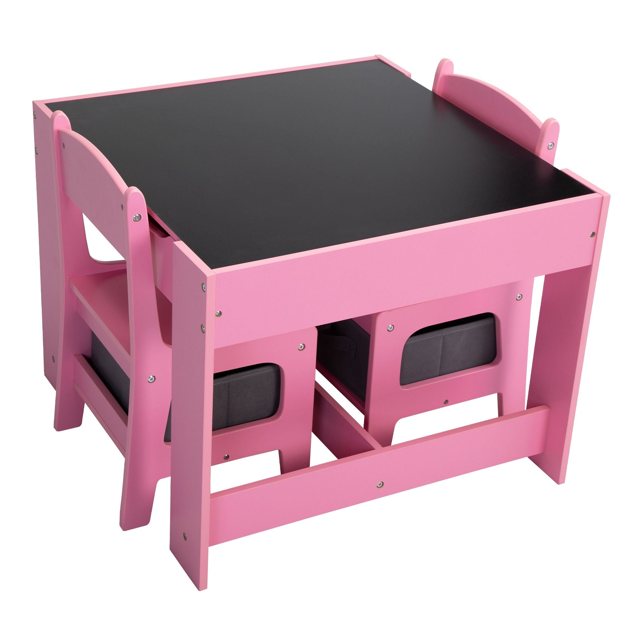 3-in-1 Kids Wood Table and 2 Chairs, Children Activity Table Set with Storage, Blackboard, Double-Sided Table for Drawing