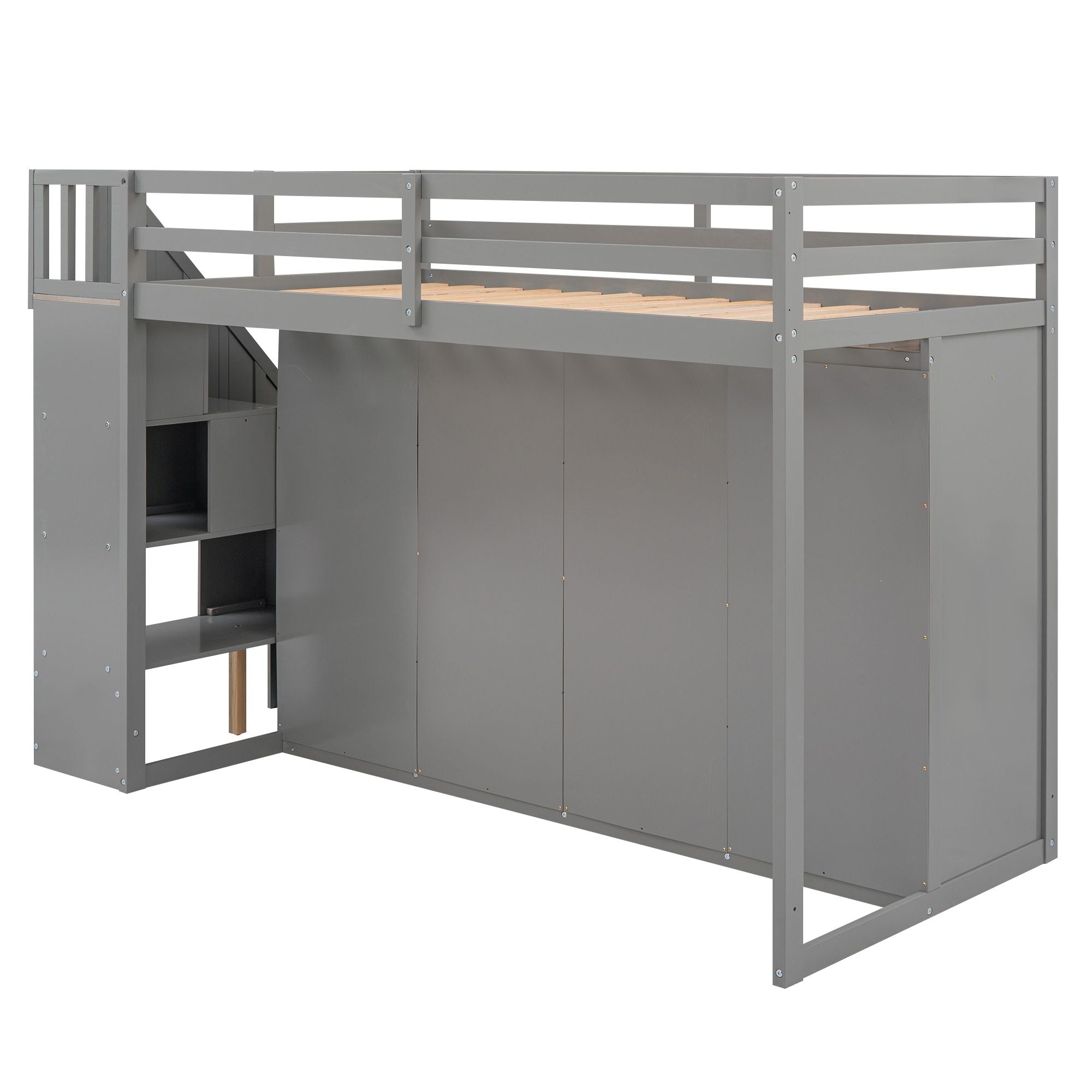 Functional Loft Bed with 3 Shelves;  2 Wardrobes and 2 Drawers;  Ladder with Storage;  No Box Spring Needed