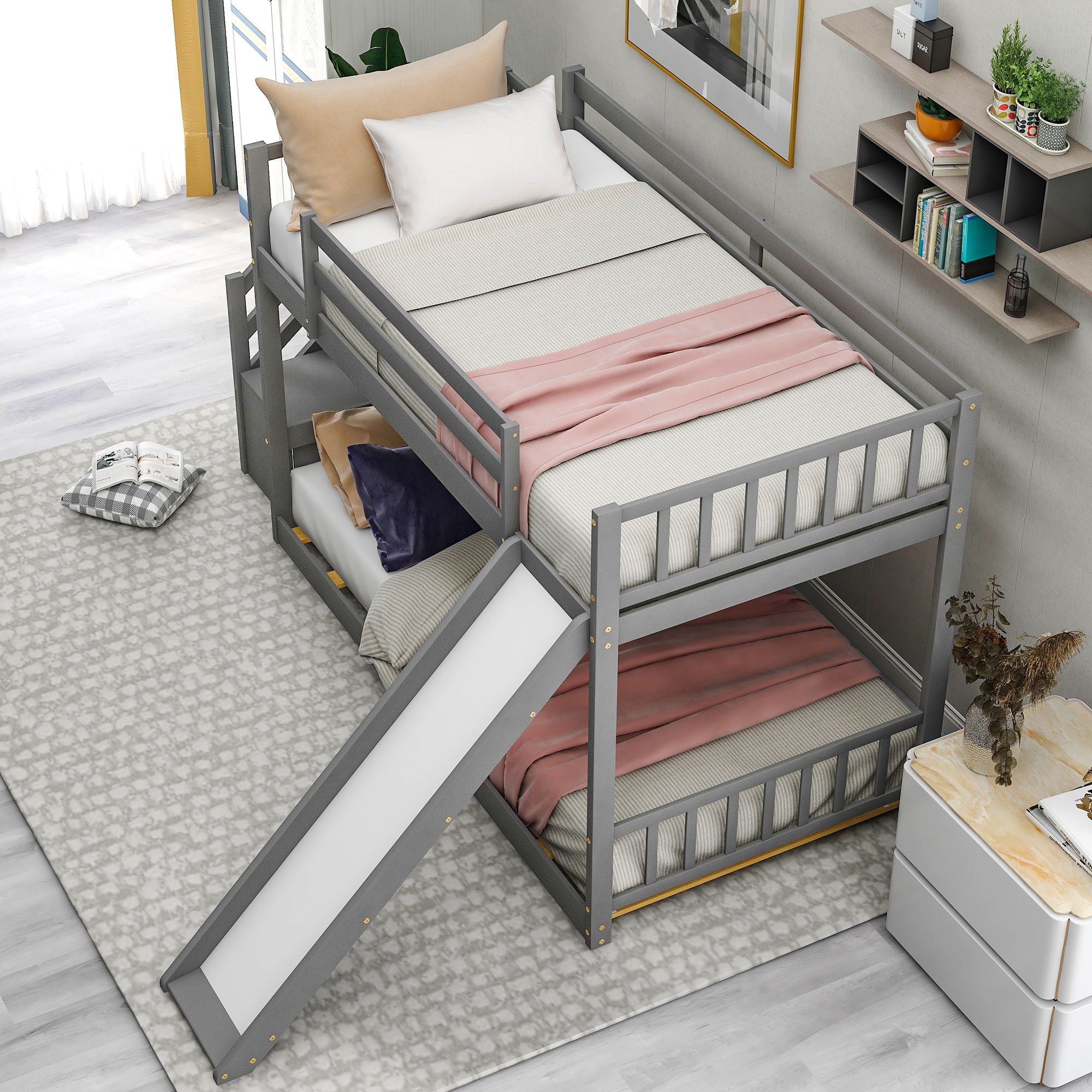 Twin over Twin Bunk Bed with Convertible Slide and Stairway