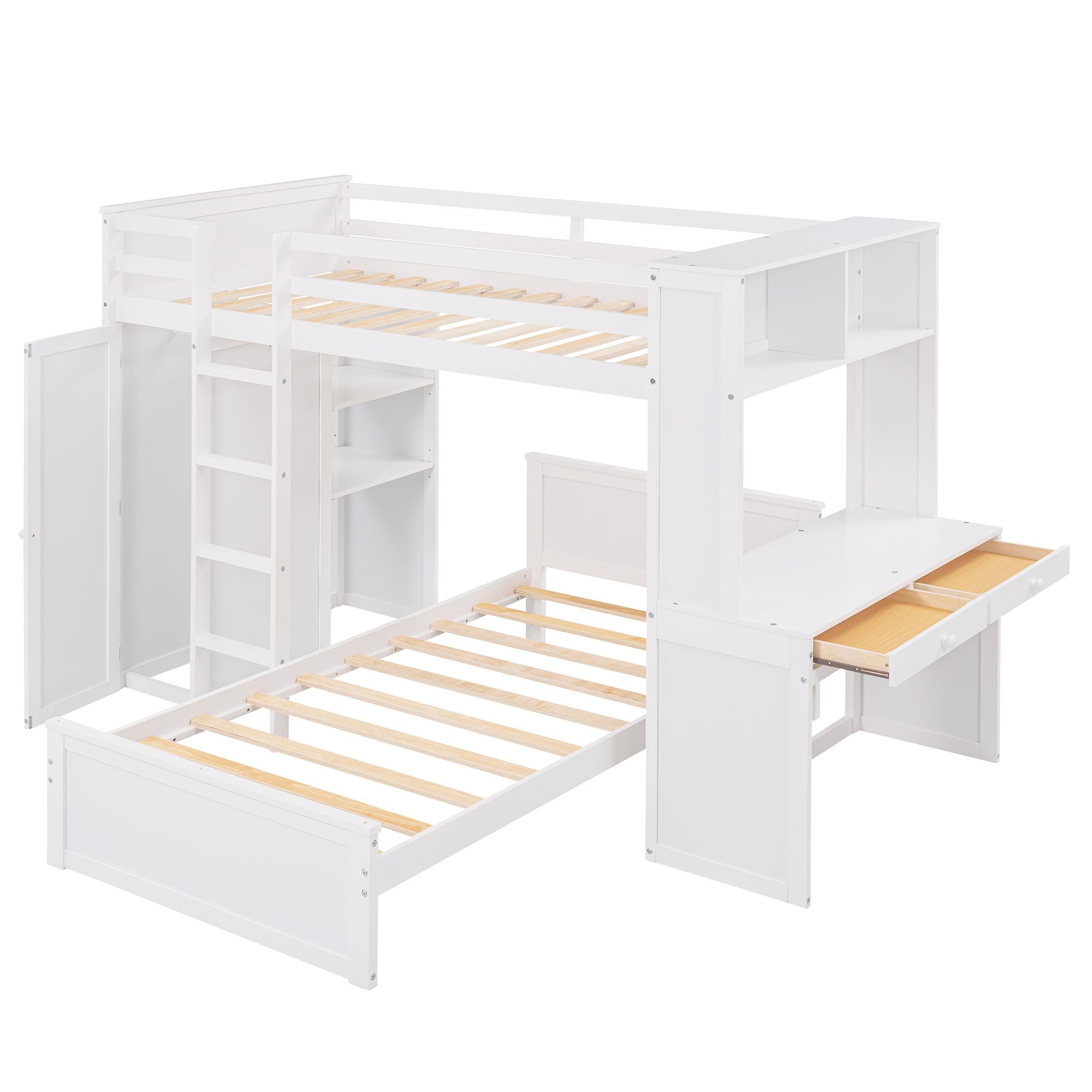 Twin size Loft Bed with a Stand-alone bed;  Shelves; Desk; and Wardrobe