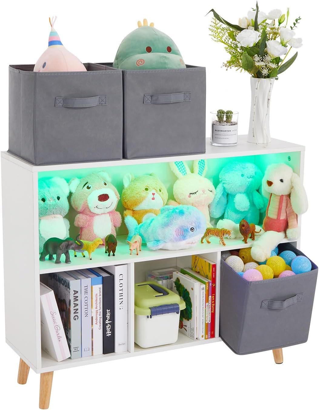 LED Kids Bookshelf and Toy Storage, Kids Bookcase with Storage, Kids Toy Storage Organizer, Bookshelf for Kids, Book Shelf for Kids Rooms and Bedroom,Kids Room Organizers and Storage(Grey)