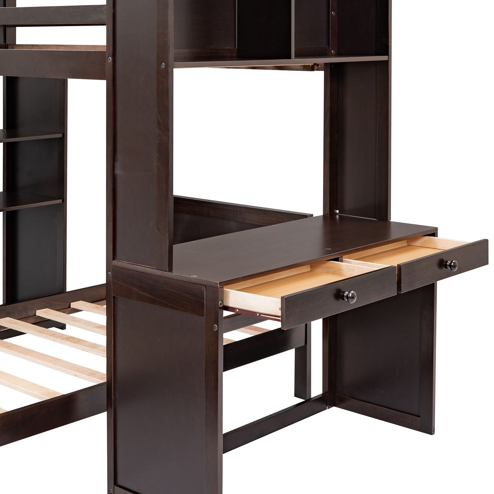 Twin size Loft Bed with a Stand-alone bed;  Shelves; Desk; and Wardrobe