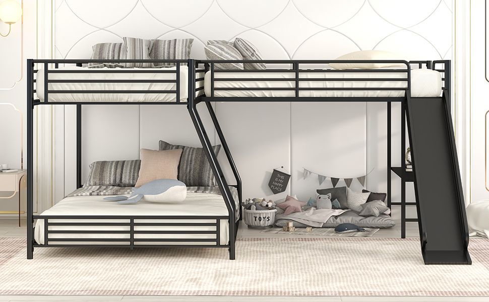 L-Shaped Twin over Full Bunk Bed with Twin Size Loft Bed; Built-in Desk and Slide