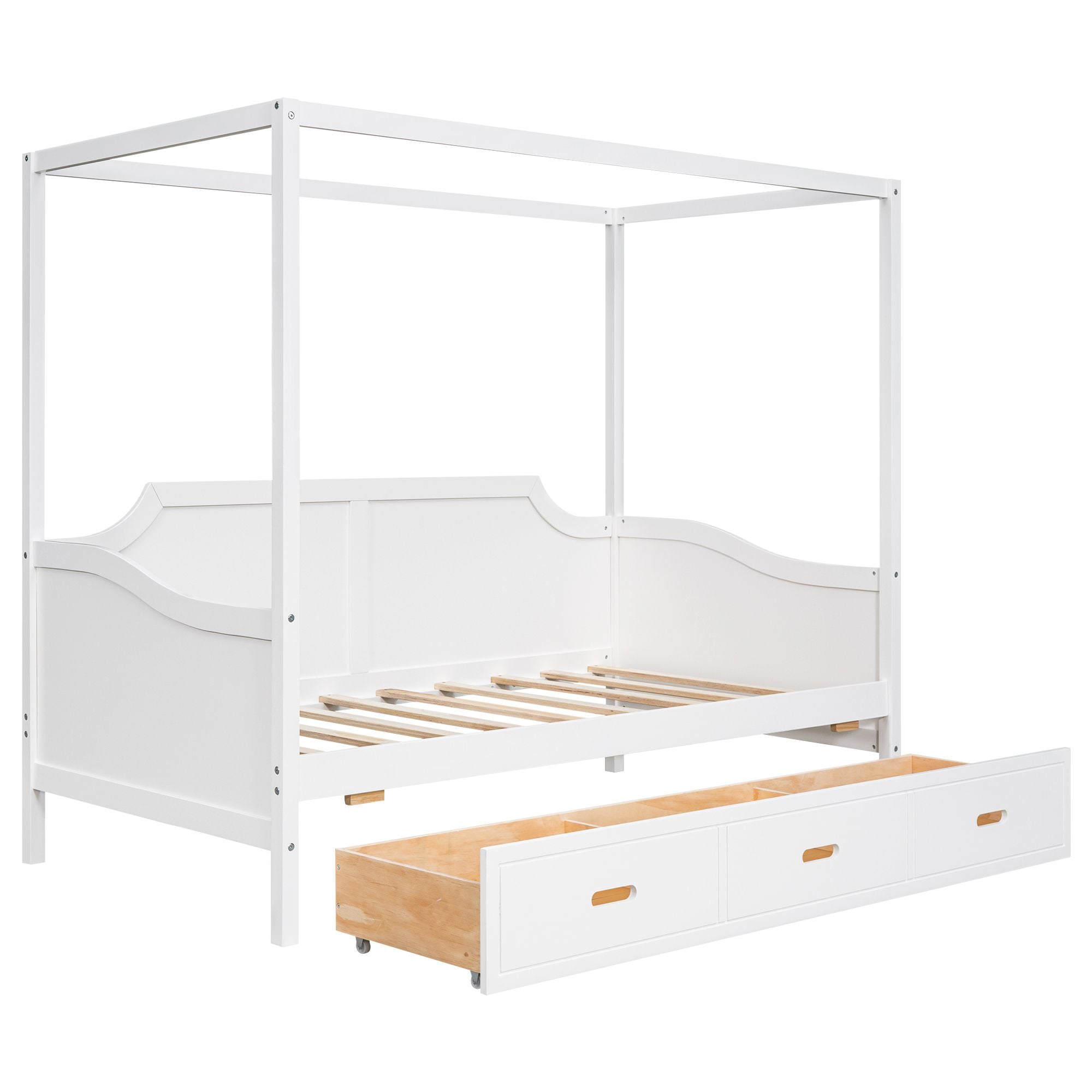 Twin Size Wooden Canopy Daybed with 3 in 1 Storage Drawers