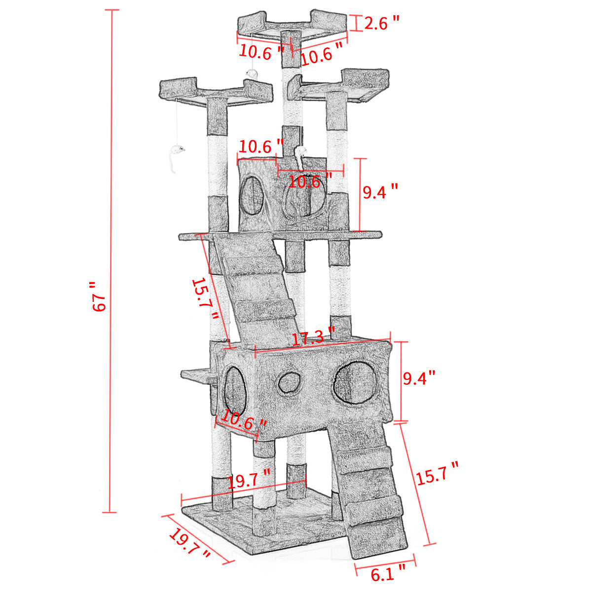 67'' Multi-Level Cat Tree Tower, Kitten Condo House with Scratching Posts, Kitty Play Activity Center, Durable Pet Furniture, Gray