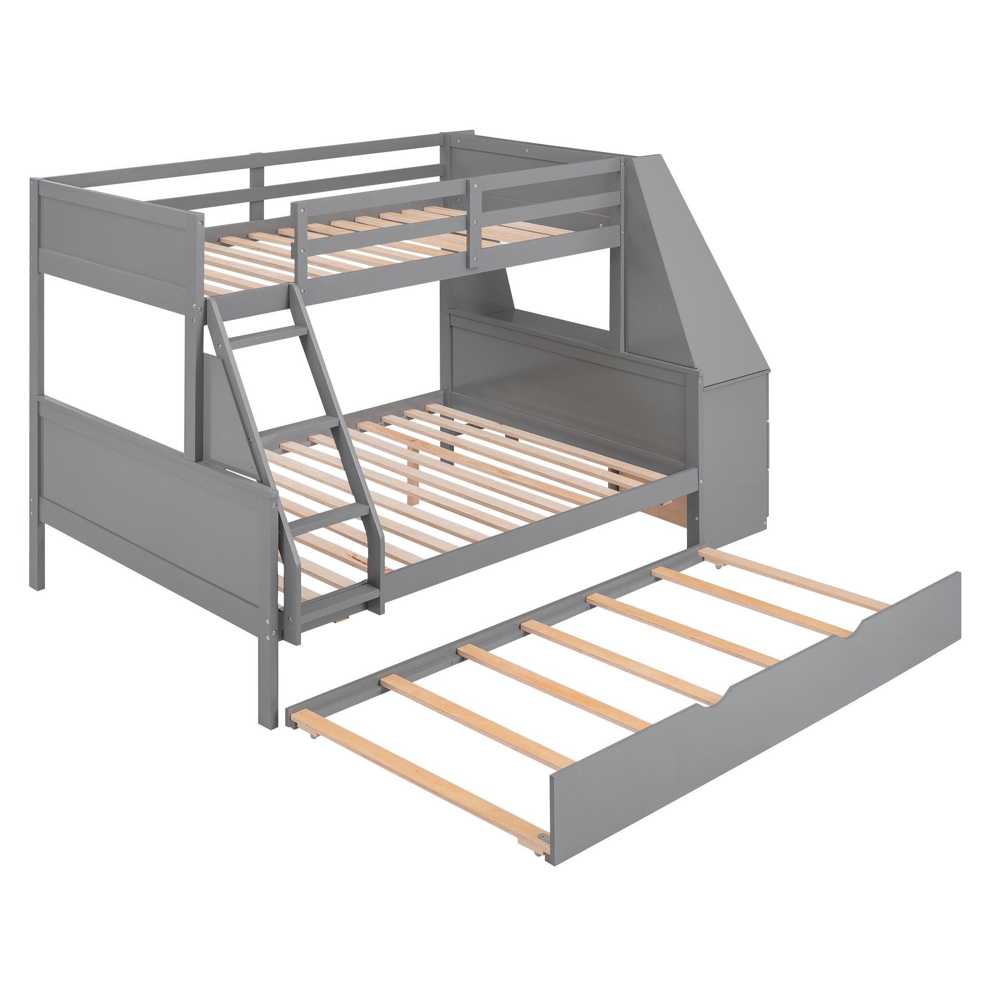 Twin over Full Bunk Bed with Trundle and Built-in Desk;  Three Storage Drawers and Shelf