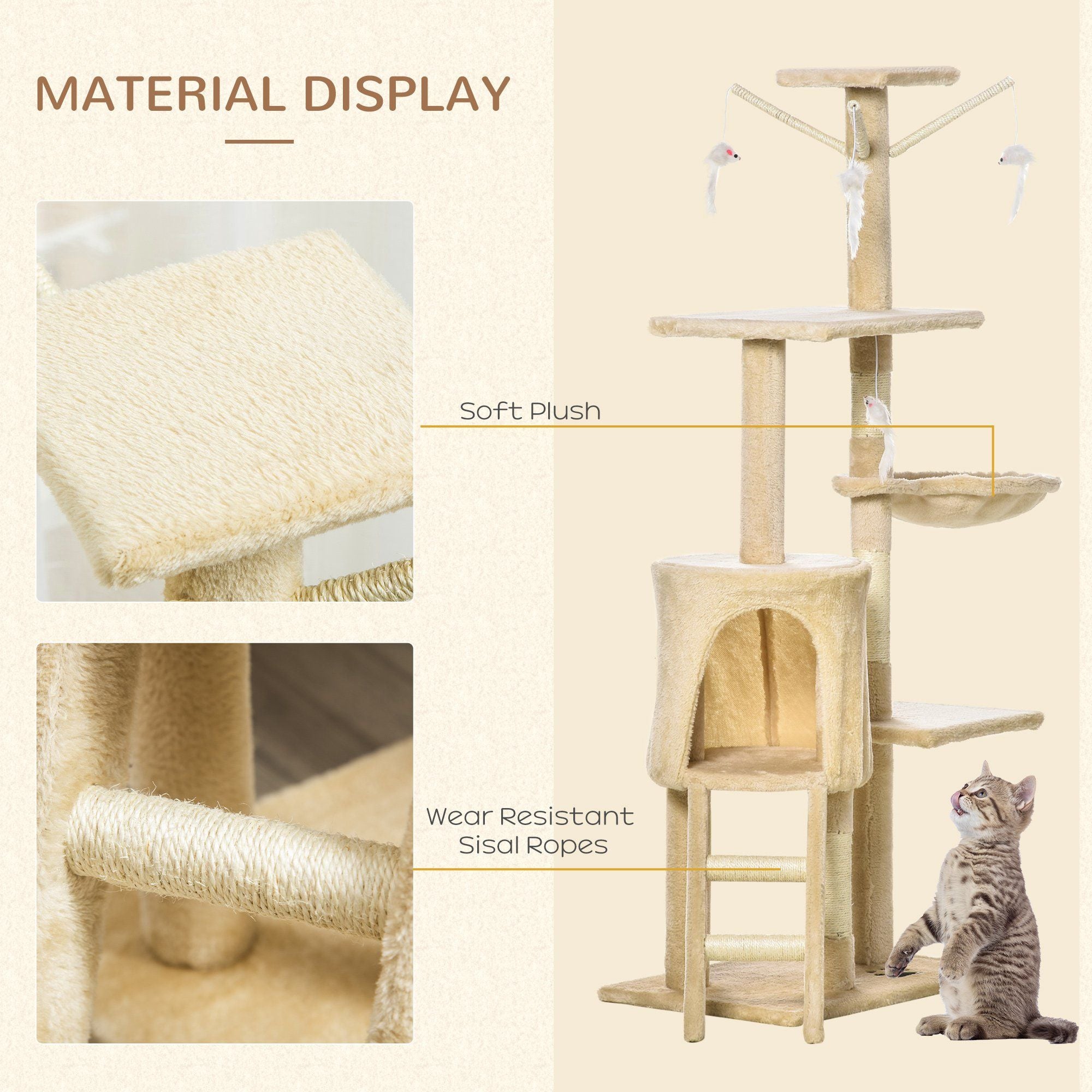 PawHut 53” Plush Cat Condo Tower - Sturdy Scratching Post & Interactive Activity Tree House for Cats | Beige