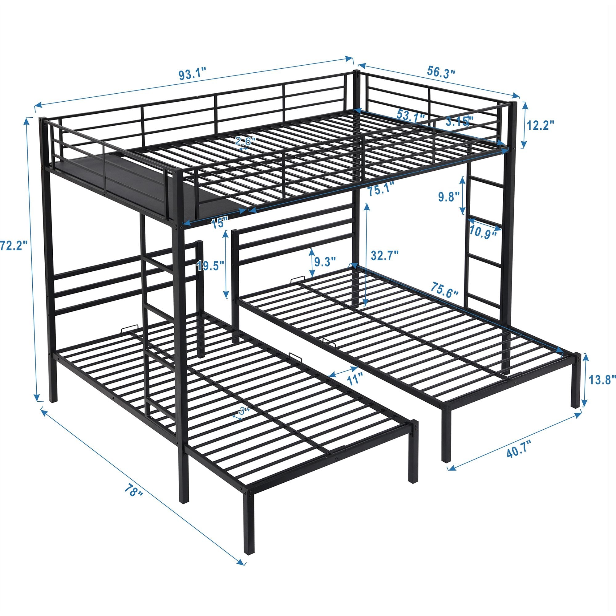 Full over Twin&Twin Size Bunk Metal Bed with Built-in Shelf