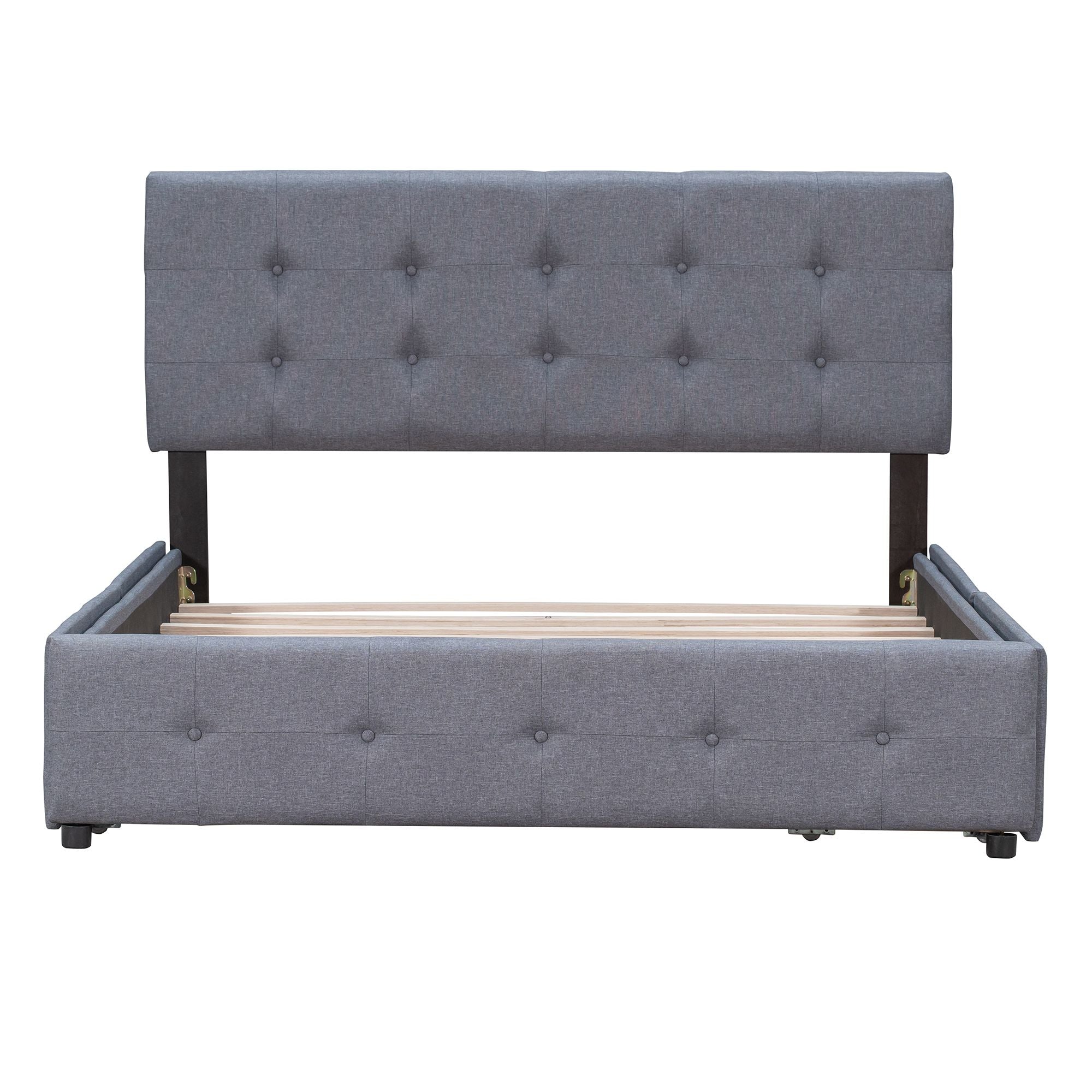 Upholstered Platform Bed with Classic Headboard and 4 Drawers;  No Box Spring Needed;  Linen Fabric;  Queen Size