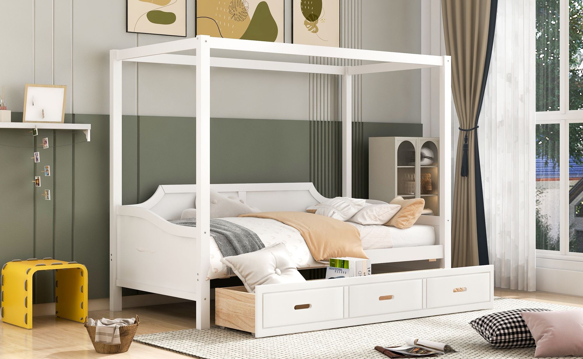 Twin Size Wooden Canopy Daybed with 3 in 1 Storage Drawers