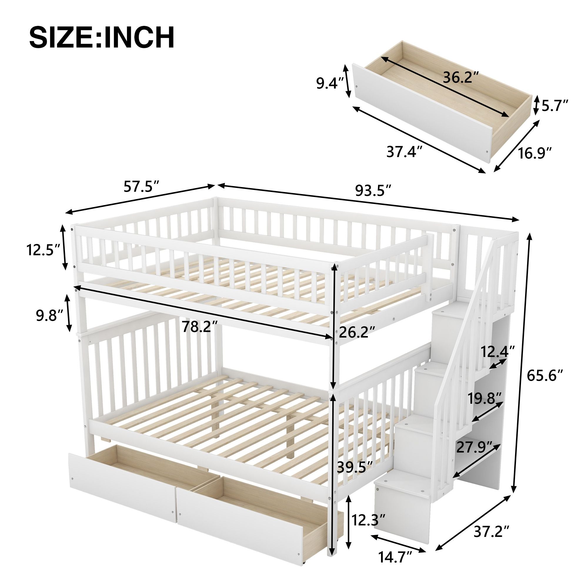 Full over Full Bunk Bed with Two Drawers and Storage