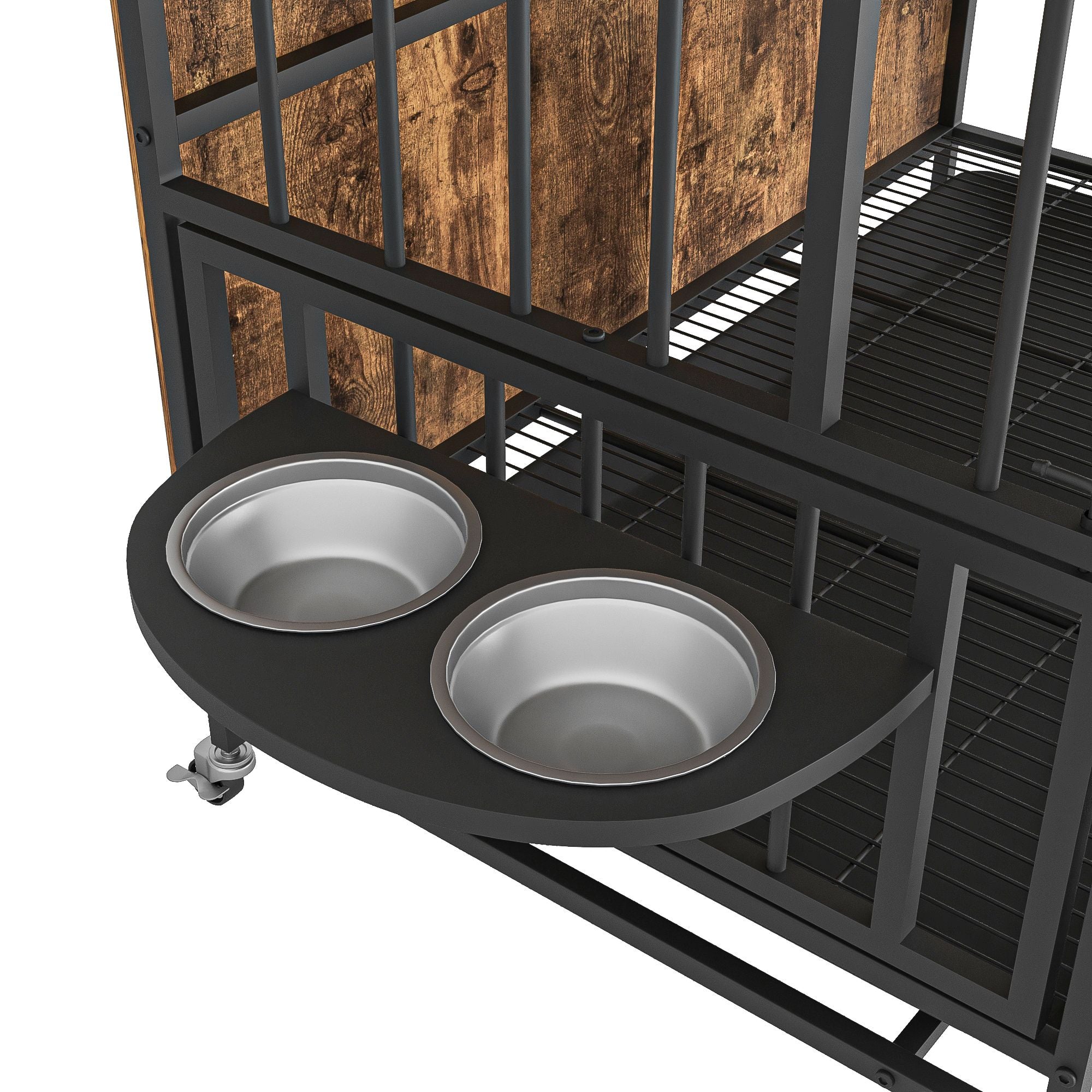 Modern Kennel Dogs room up to 80 LB, Dog crate furniture with Multi-Purpose Rremovable Ttray, Double-Door Dog House, lift Panel, 360 Degree Rotation -3 Height Adjustable Feeding Bowls