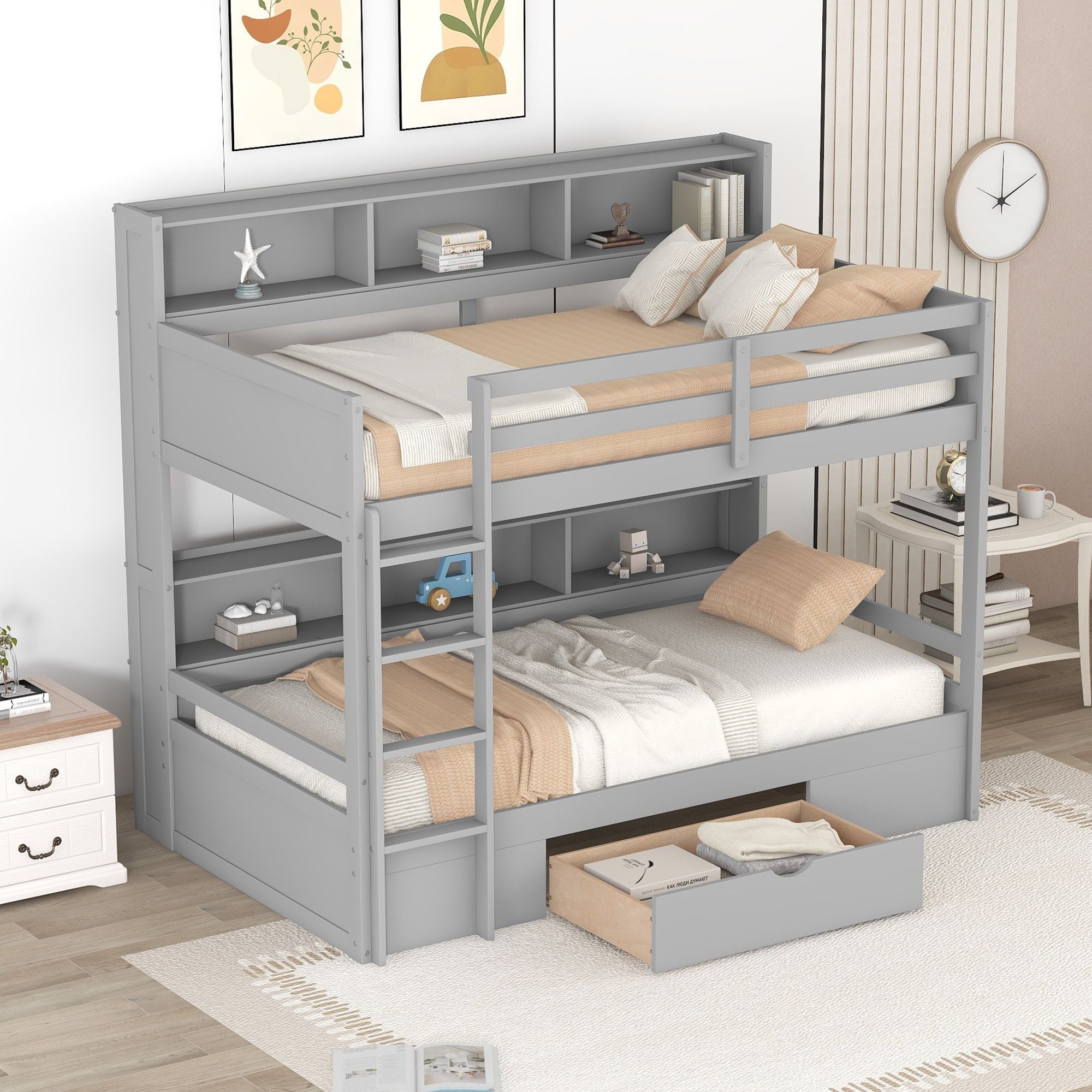 Twin Size Bunk Bed with Built-in Shelves Beside both Upper and Down Bed and Storage Drawe