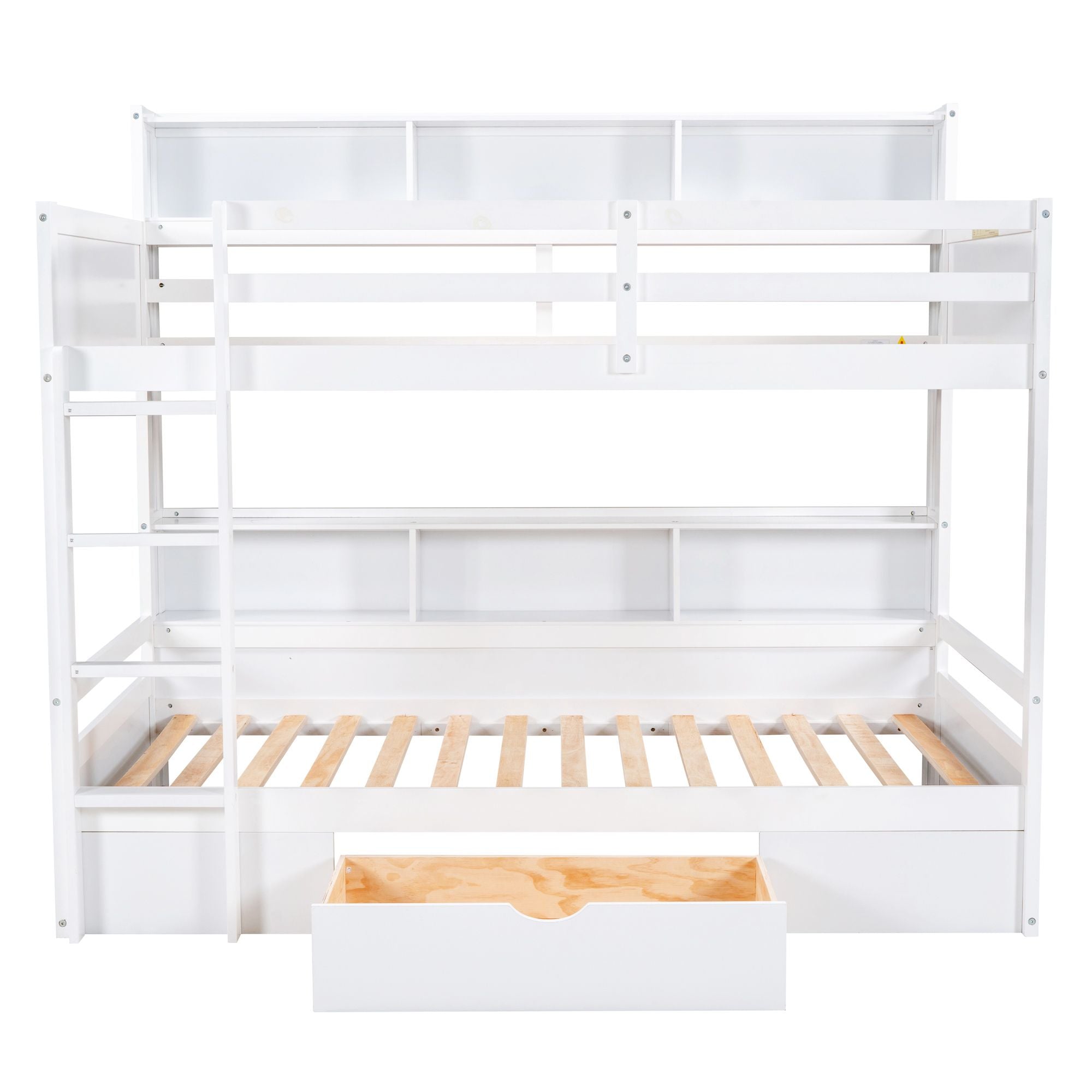 Twin Size Bunk Bed with Built-in Shelves Beside both Upper and Down Bed and Storage Drawe