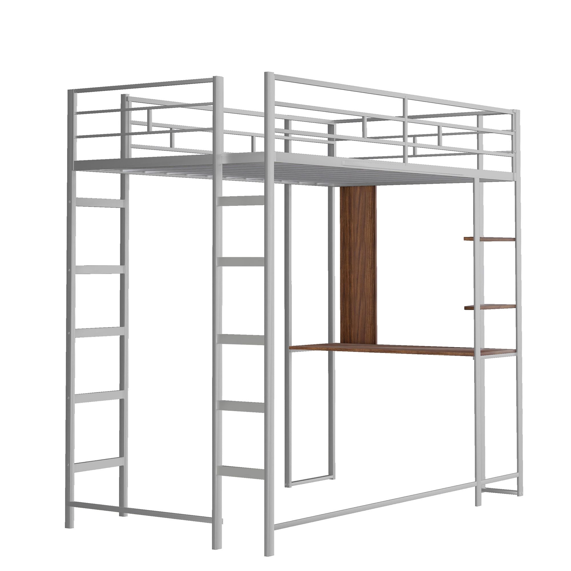 Twin Metal Loft Bed with 2 Shelves and one Desk