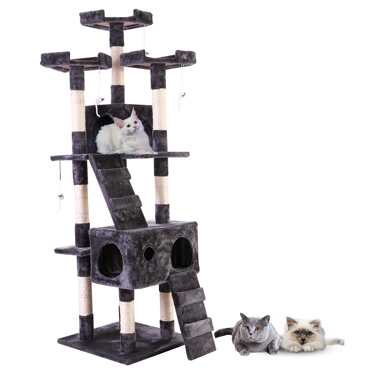 67'' Multi-Level Cat Tree Tower, Kitten Condo House with Scratching Posts, Kitty Play Activity Center, Durable Pet Furniture, Gray