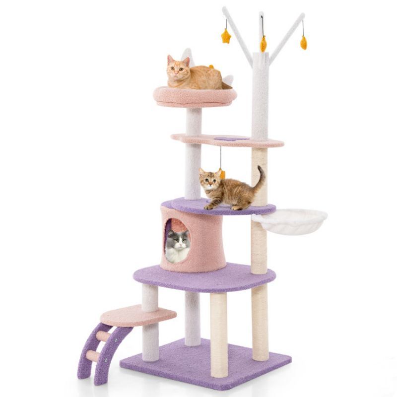 Whimsical Multi-Level Cat Tower with Sisal Scratching Posts, Hammock, and Star Decor – Perfect for Multiple Cats