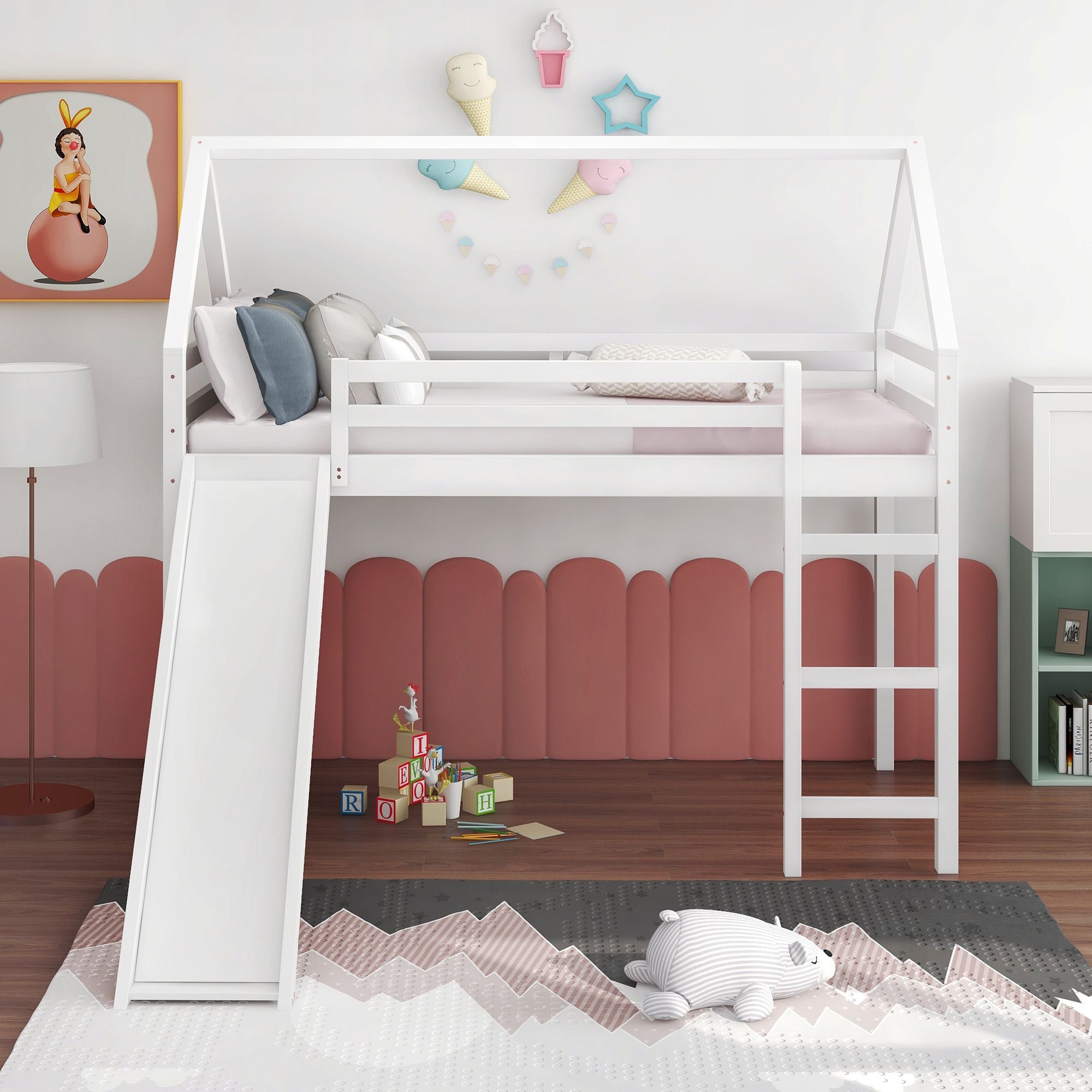 Twin Size Loft Bed with Slide;  House Bed with Slide