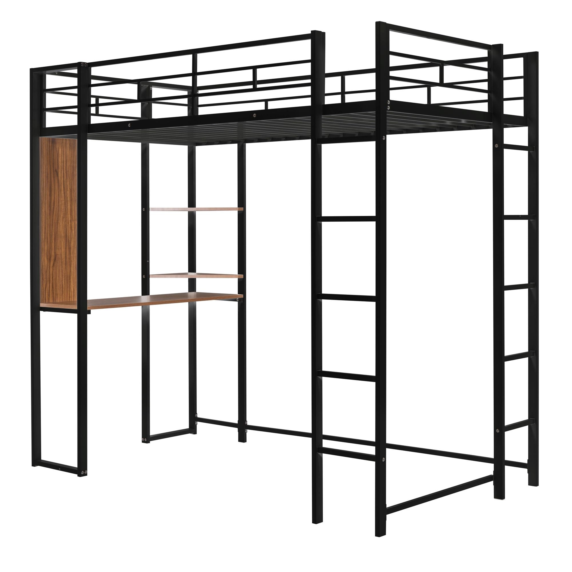 Twin Metal Loft Bed with 2 Shelves and one Desk