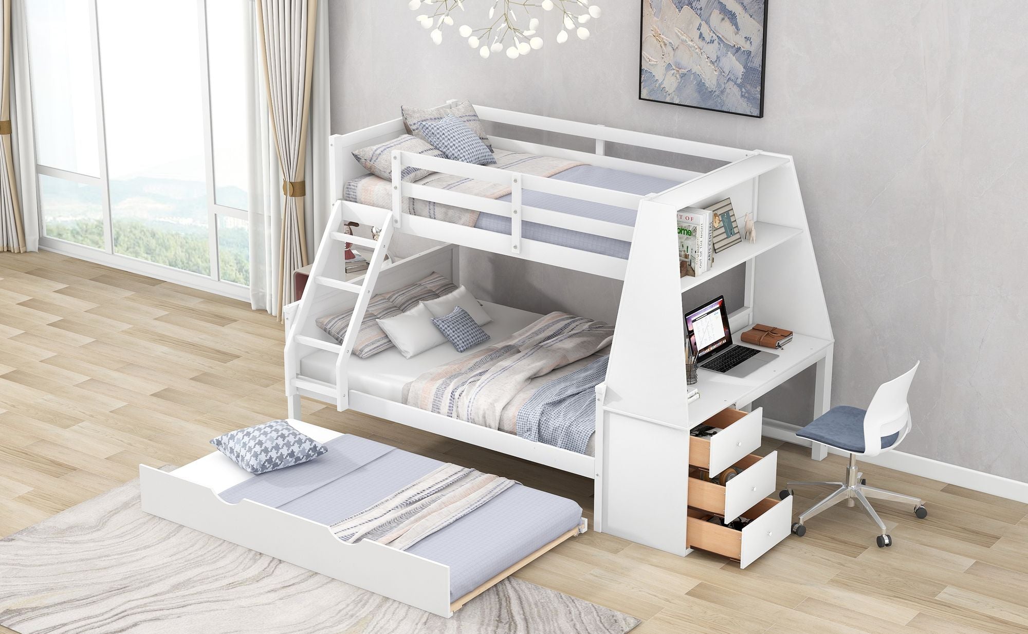 Twin over Full Bunk Bed with Trundle and Built-in Desk;  Three Storage Drawers and Shelf