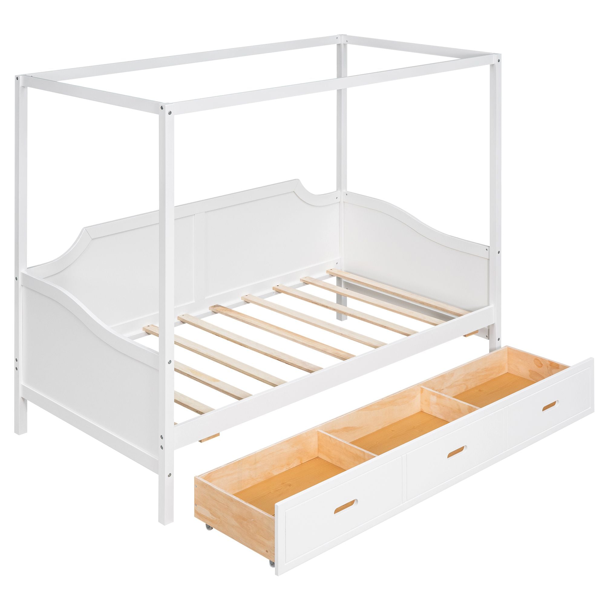 Twin Size Wooden Canopy Daybed with 3 in 1 Storage Drawers