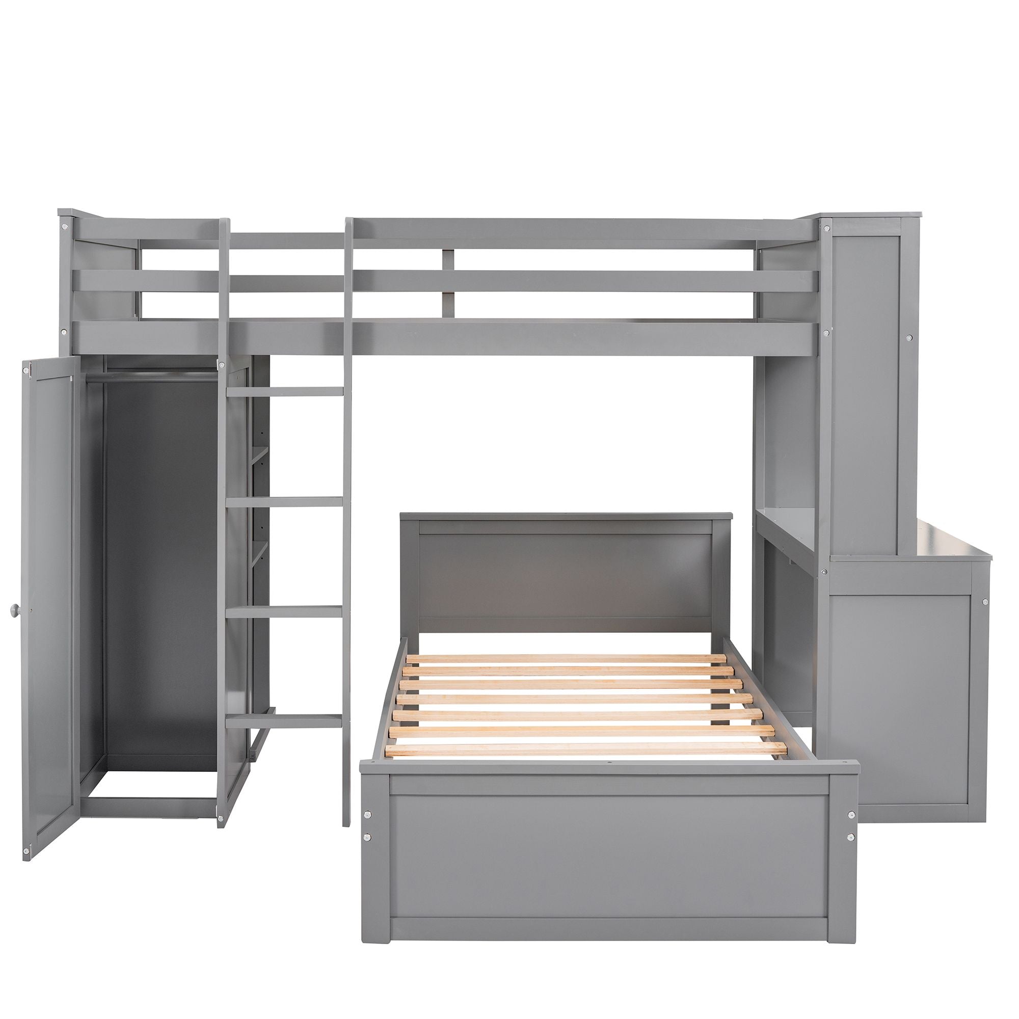 Twin size Loft Bed with a Stand-alone bed;  Shelves; Desk; and Wardrobe