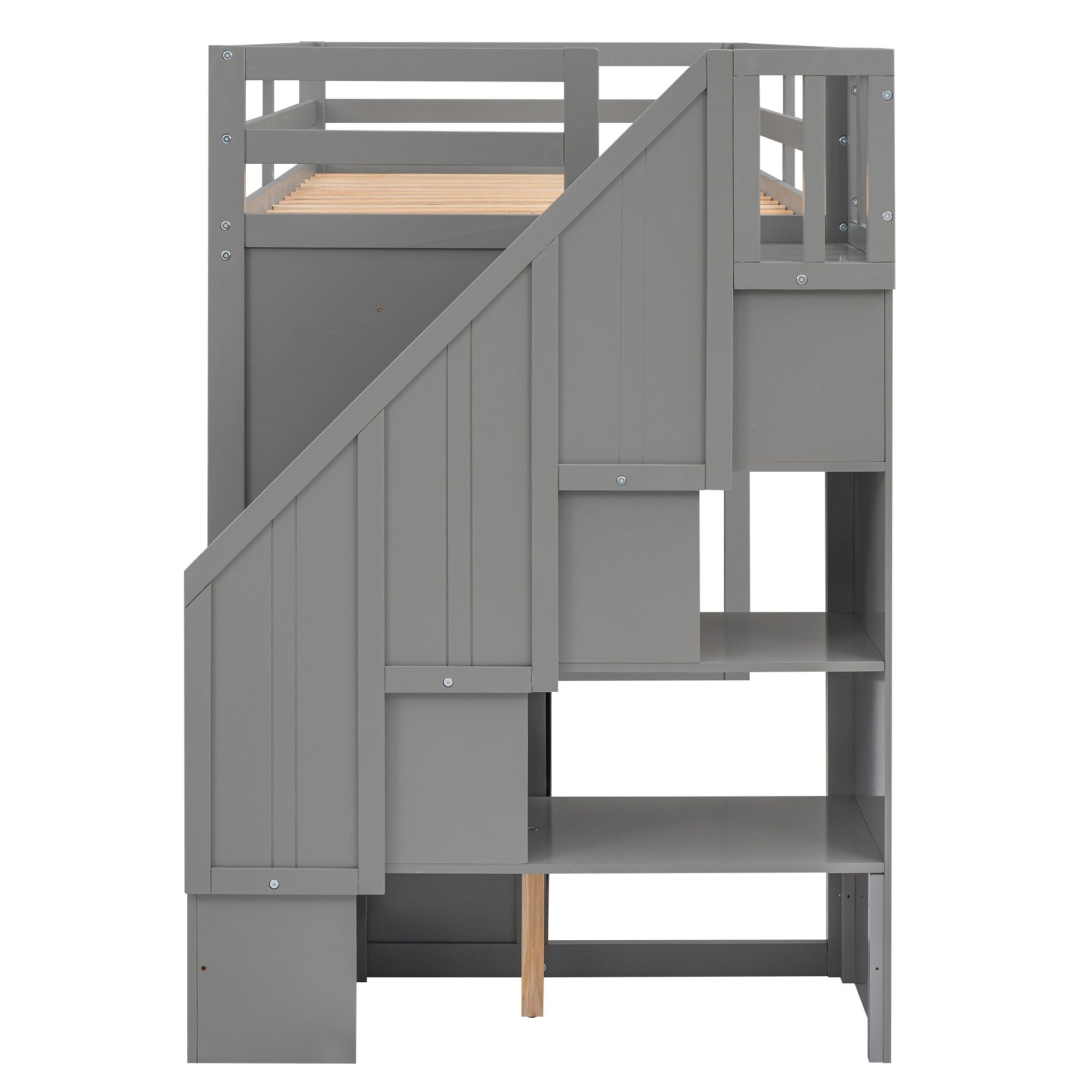 Functional Loft Bed with 3 Shelves;  2 Wardrobes and 2 Drawers;  Ladder with Storage;  No Box Spring Needed