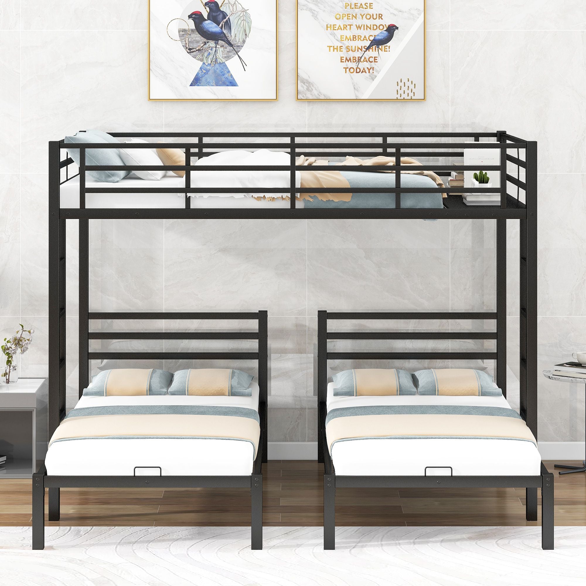 Full over Twin&Twin Size Bunk Metal Bed with Built-in Shelf