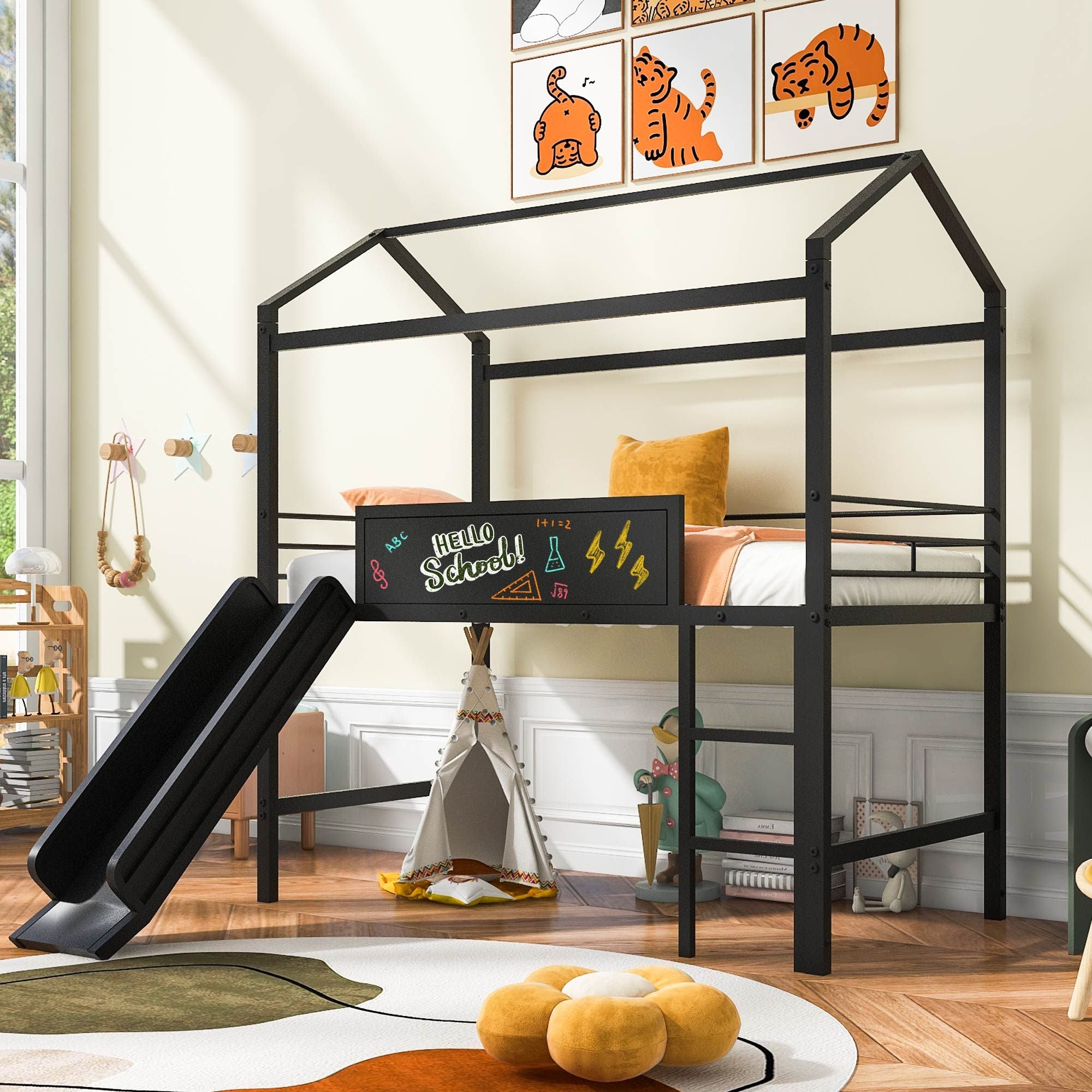 Metal House Bed With Slide;  Twin Size Metal Loft Bed with Two-sided writable Wooden Board