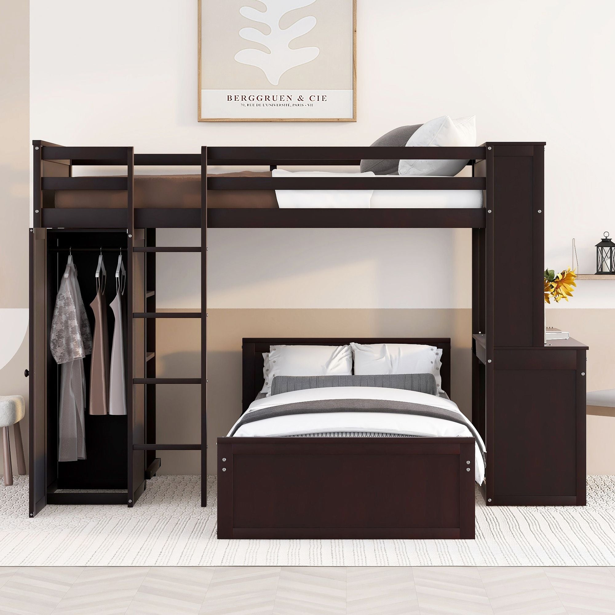 Twin size Loft Bed with a Stand-alone bed;  Shelves; Desk; and Wardrobe