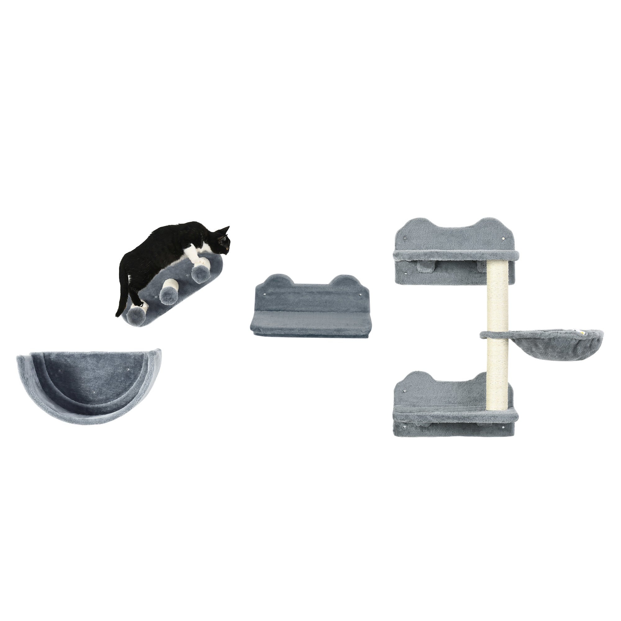 PawHut Cat Wall Shelves, 4 Pcs Cat Wall Furniture with Hammock, Perches & Scratching Post, Gray - Perfect for Climbing, Sleeping, and Playing