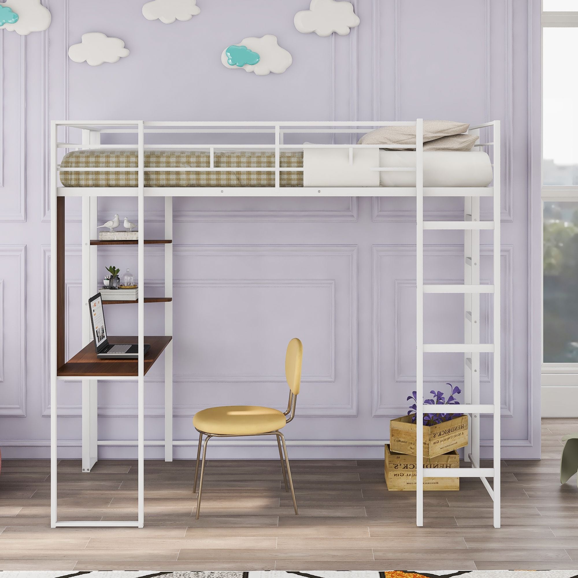 Twin Metal Loft Bed with 2 Shelves and one Desk