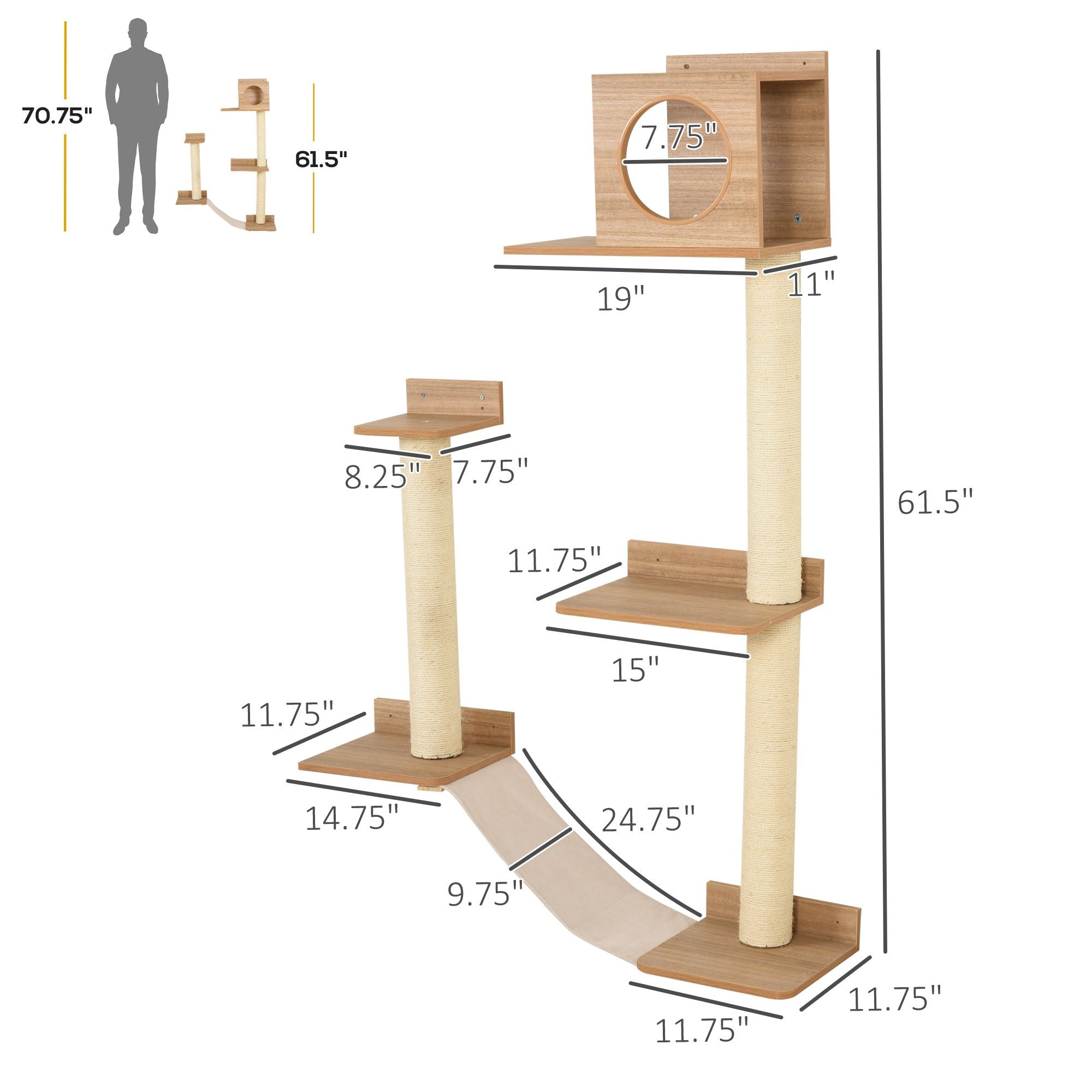 PawHut Wall-Mounted Cat Tree - Multi-Level Activity Tower with Sisal Scratching Posts & Cozy Interior Condo for Cats