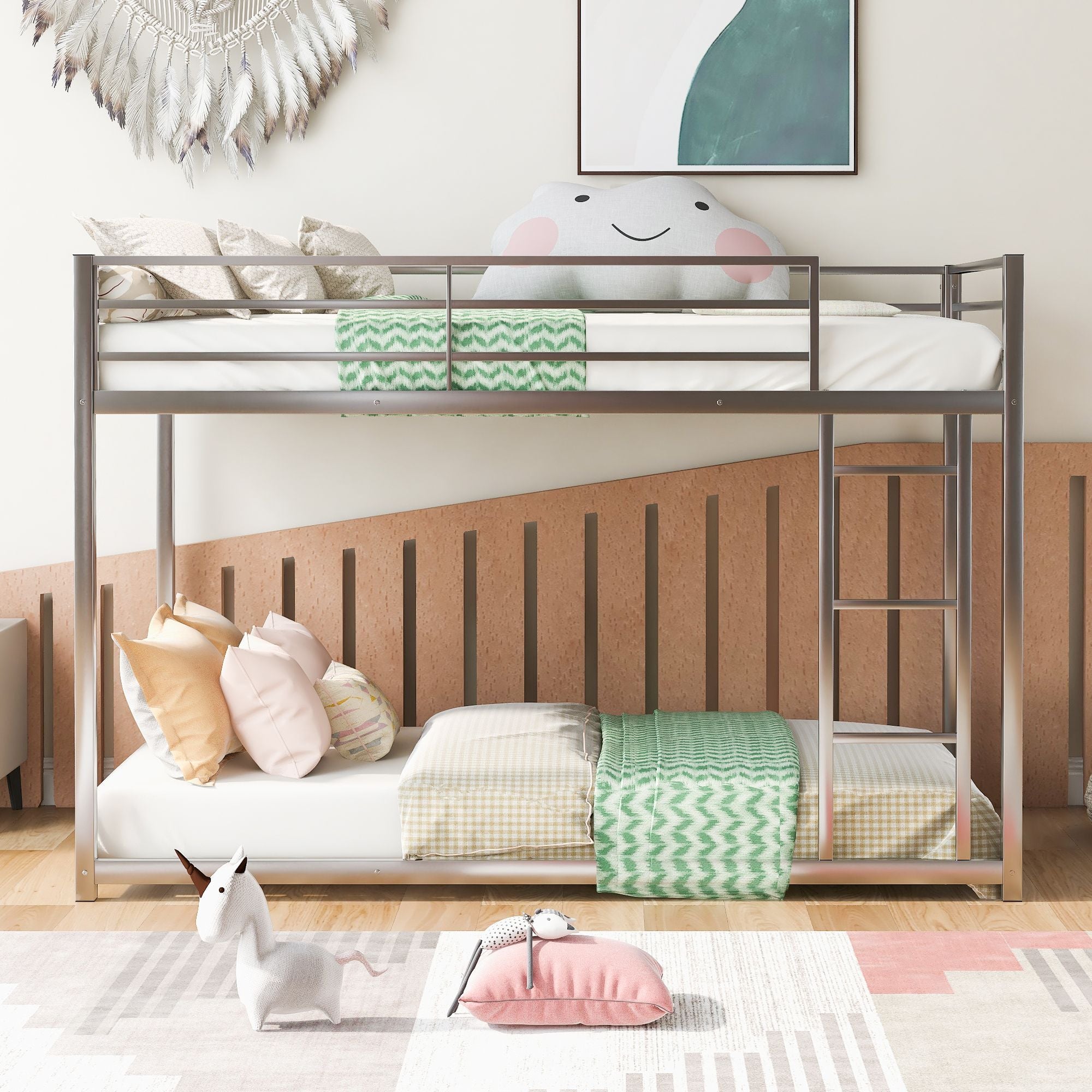 Twin over Twin Metal Bunk Bed;  Low Bunk Bed with Ladder