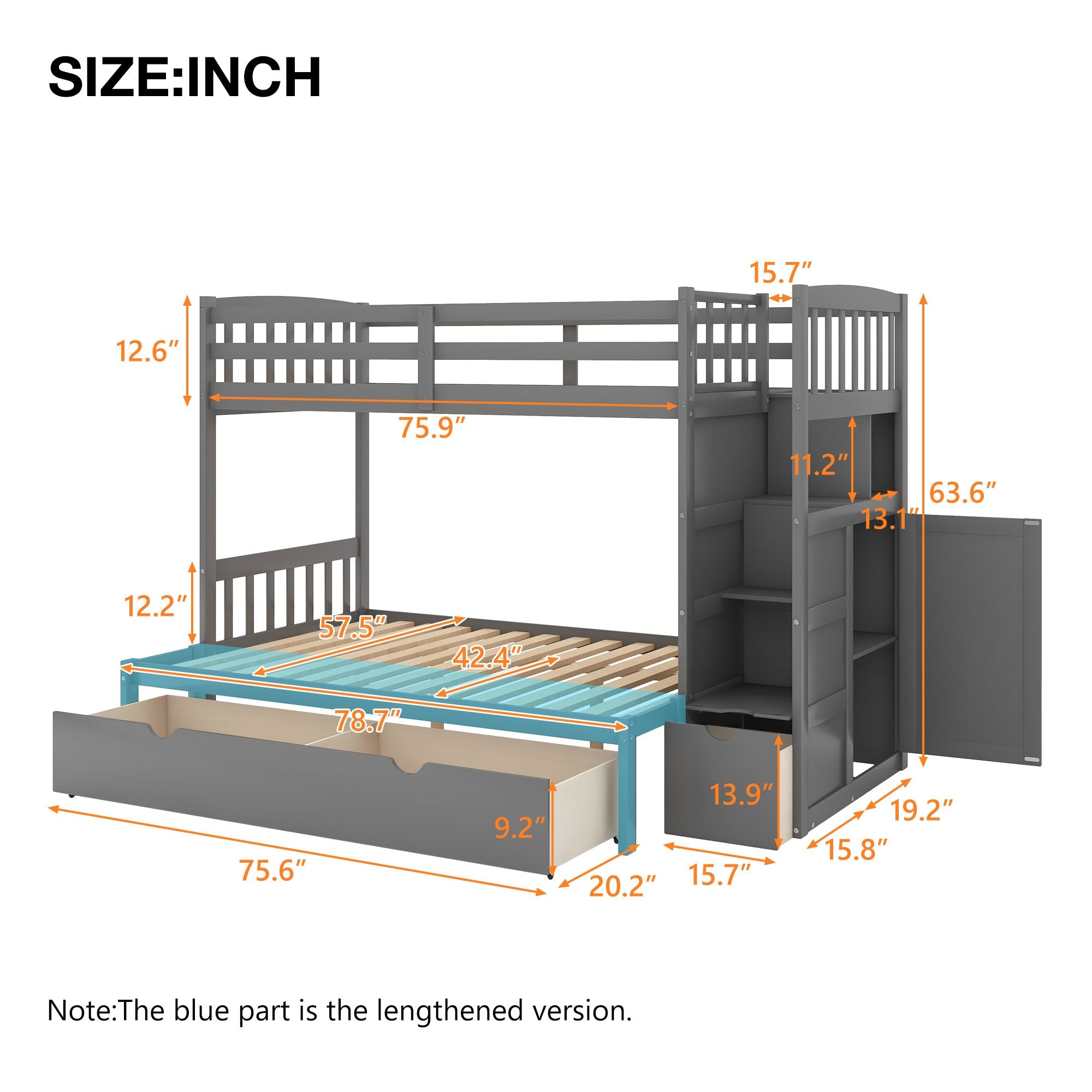 Twin over Full/Twin Bunk Bed;  Convertible Bottom Bed;  Storage Shelves and Drawers;  Gray