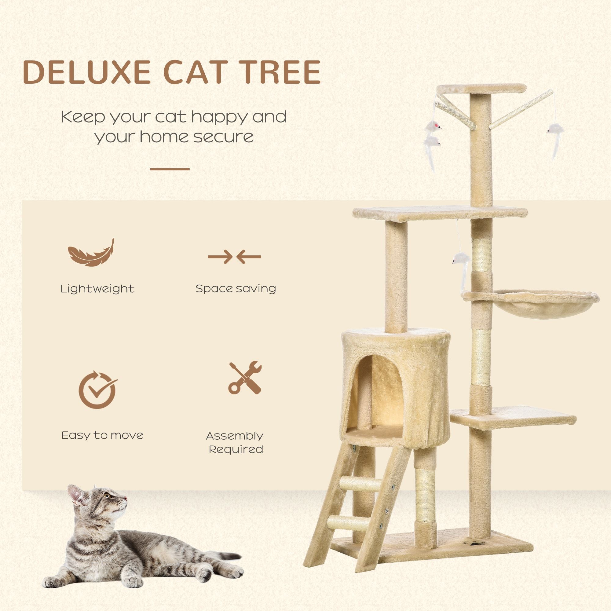 PawHut 53” Plush Cat Condo Tower - Sturdy Scratching Post & Interactive Activity Tree House for Cats | Beige