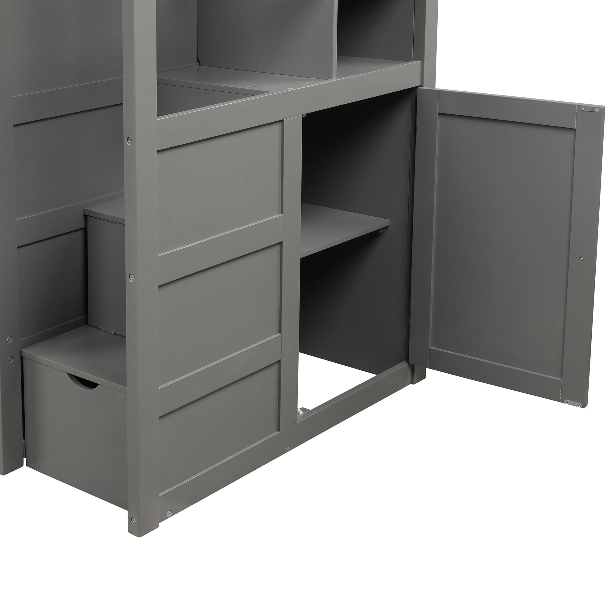 Twin over Full/Twin Bunk Bed;  Convertible Bottom Bed;  Storage Shelves and Drawers;  Gray